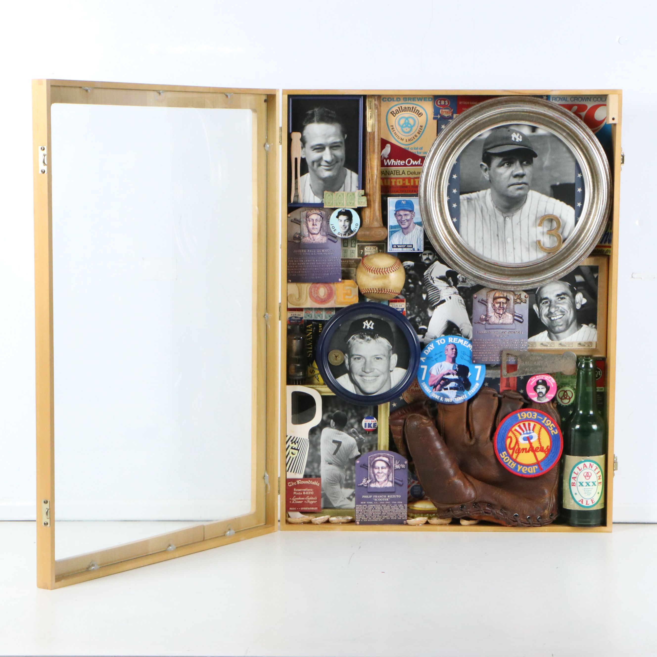 New York Yankees Memorabilia Assemblage in Shadow Box Including Photographs