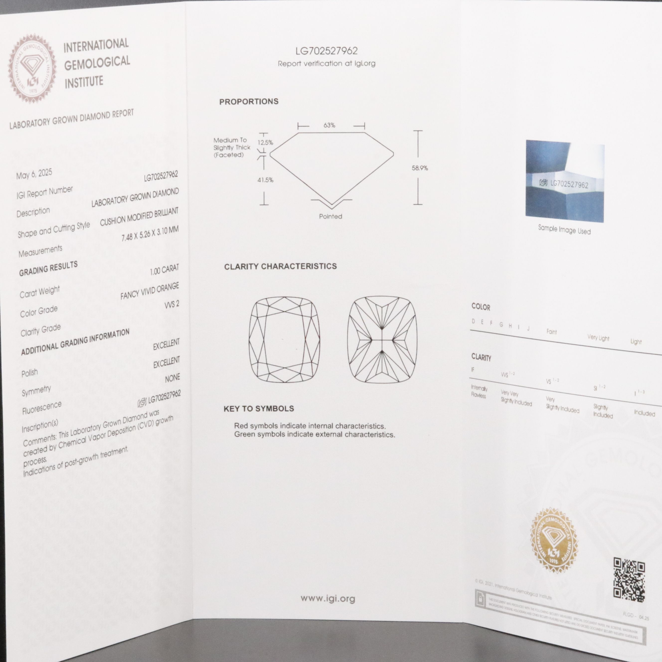 Loose 1.00 CT Lab Grown Fancy Vivid Orange Diamond with IGI Report