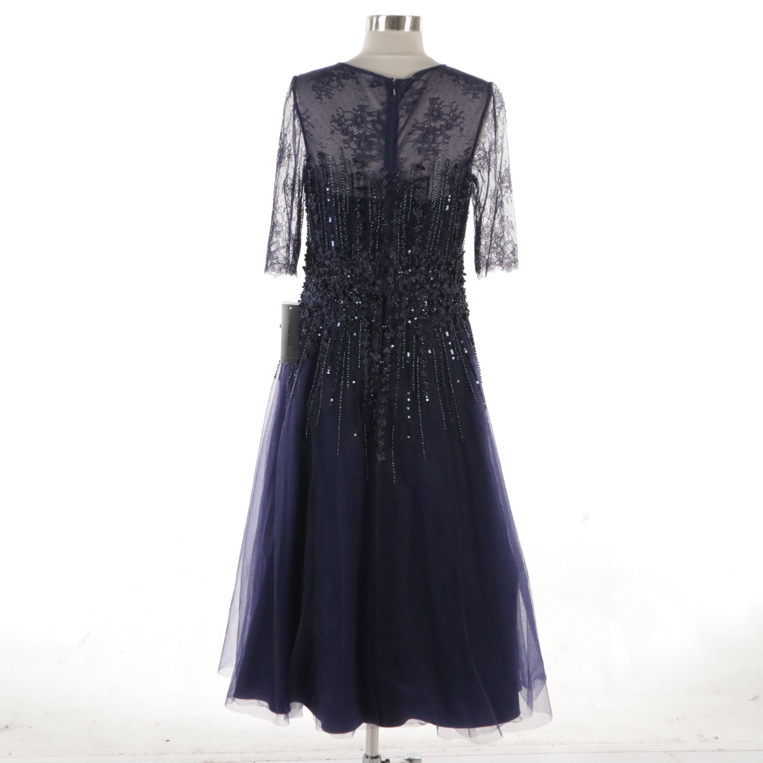 Teri Jon for Rickie Freeman Navy Beaded and Floral Embellished Occasion Dress