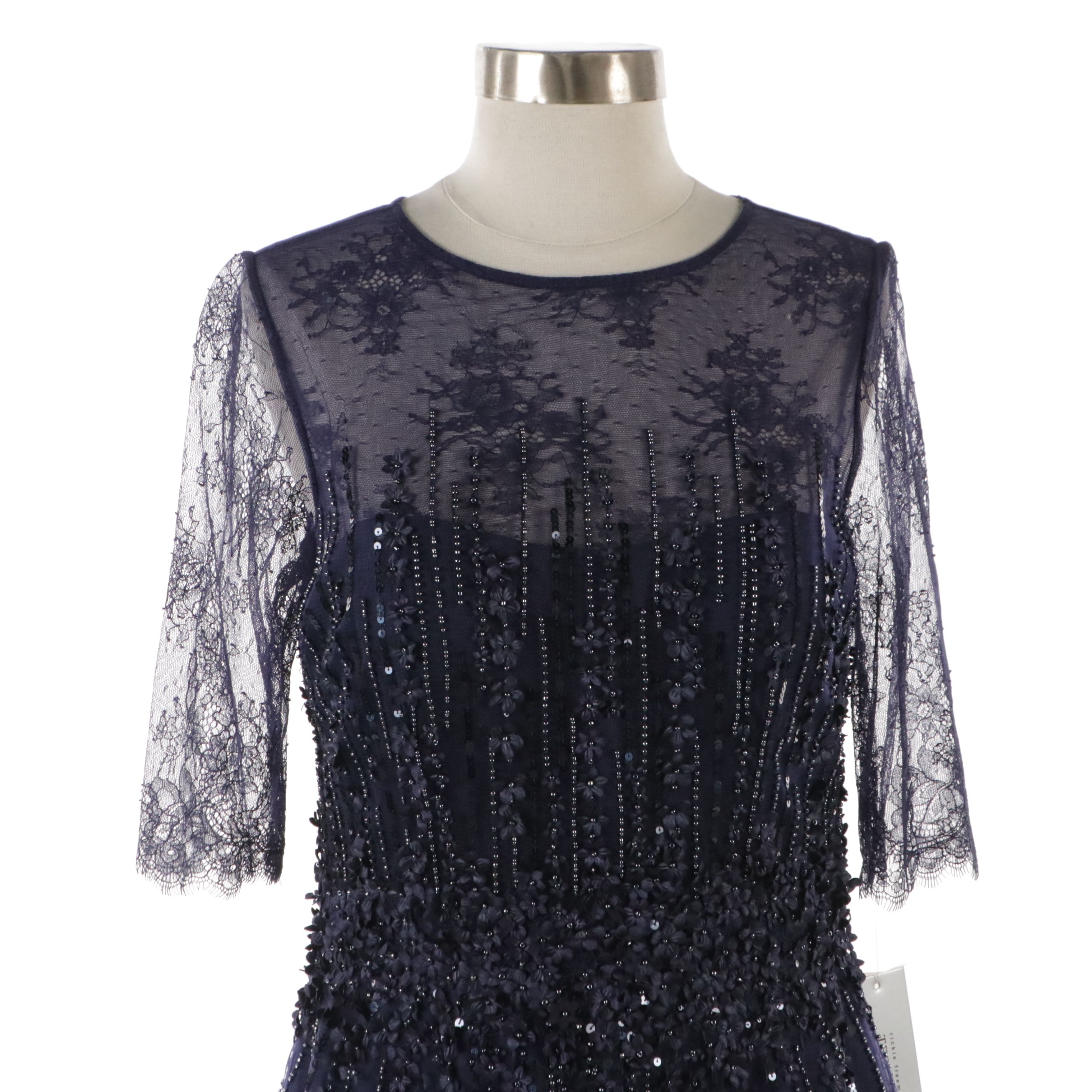 Teri Jon for Rickie Freeman Navy Beaded and Floral Embellished Occasion Dress