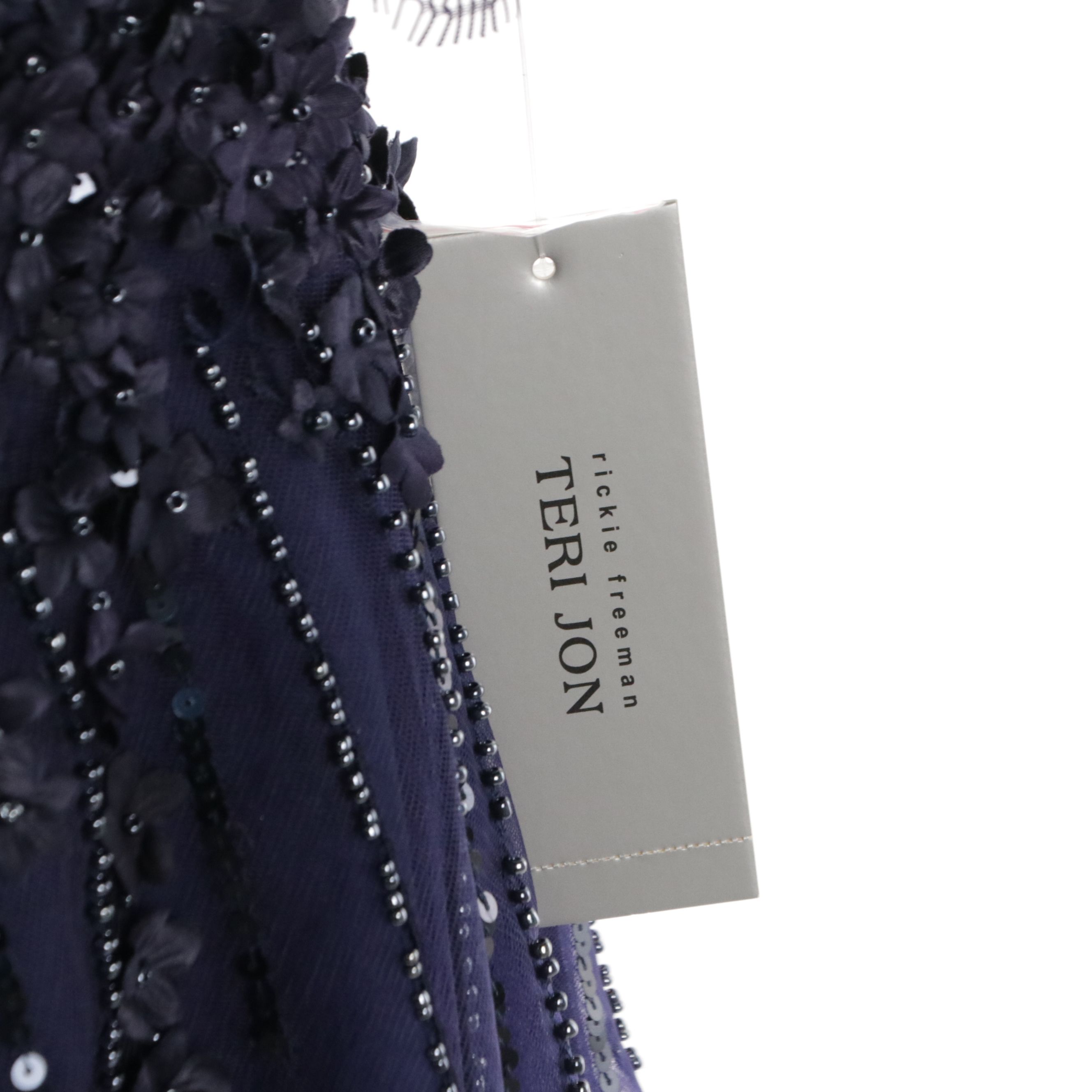Teri Jon for Rickie Freeman Navy Beaded and Floral Embellished Occasion Dress