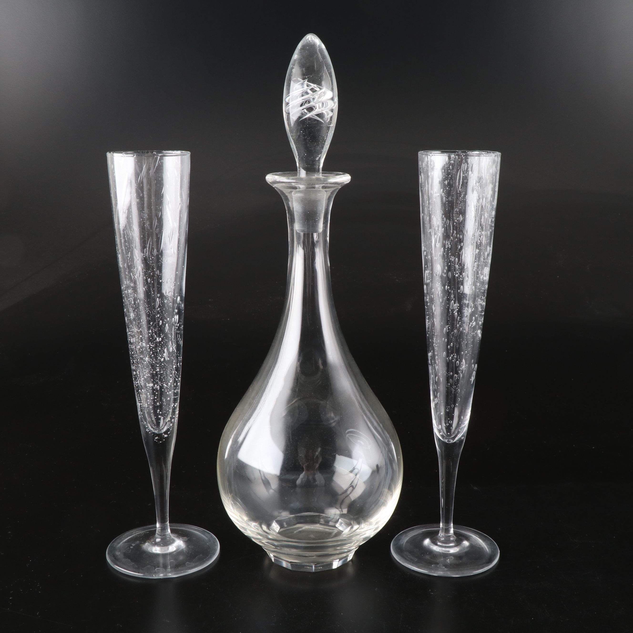 Lalique "Volnay" Crystal Decanter with Mariposa "Bellini" Glass Champagne Flutes