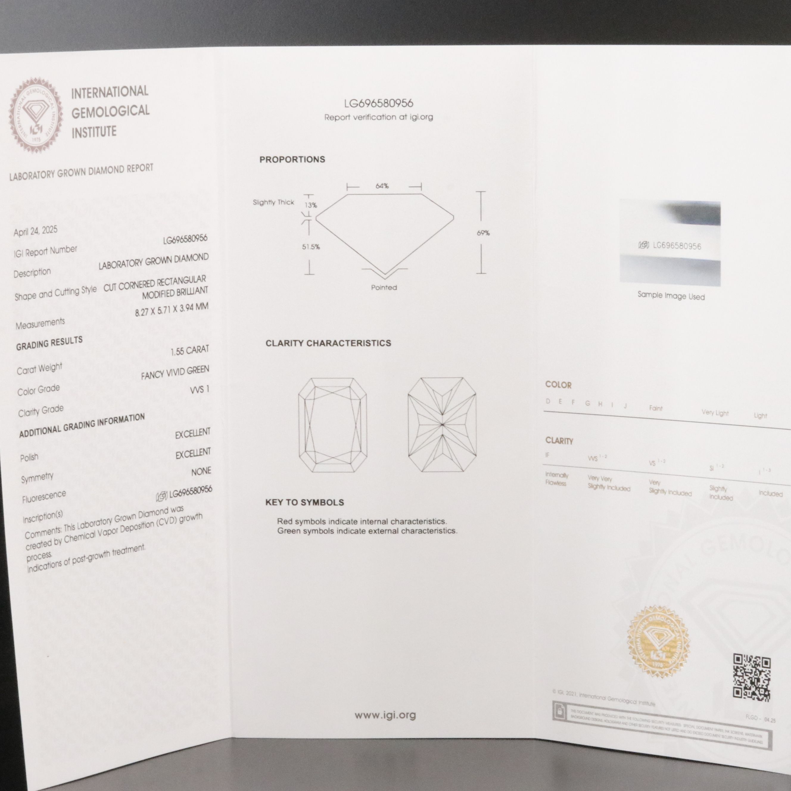 Loose 1.55 CT Lab Grown Fancy Vivid Green Diamond with IGI Report