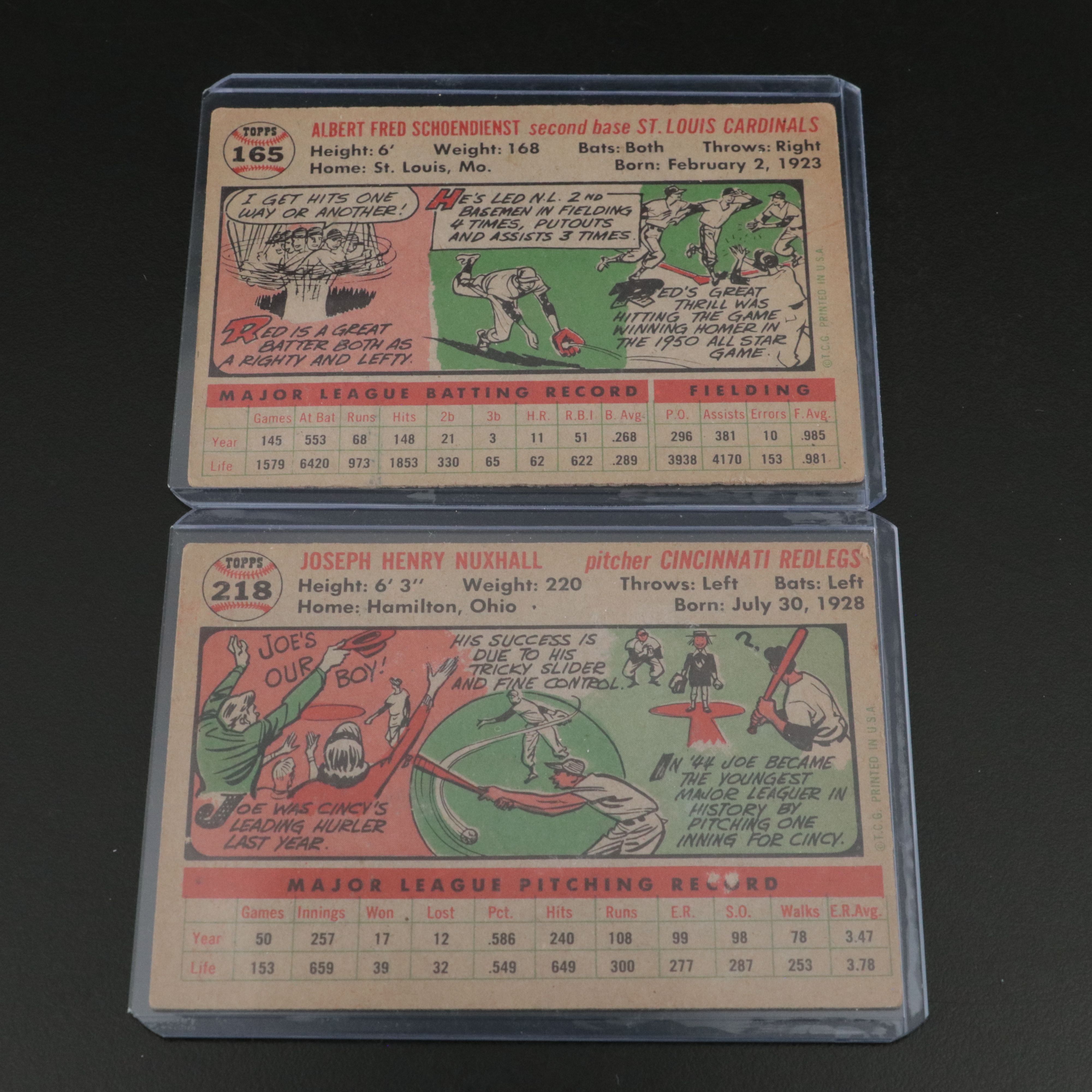 1955-1956 Topps Baseball cards Featuring Joe Nuxhall and Red Schoendienst