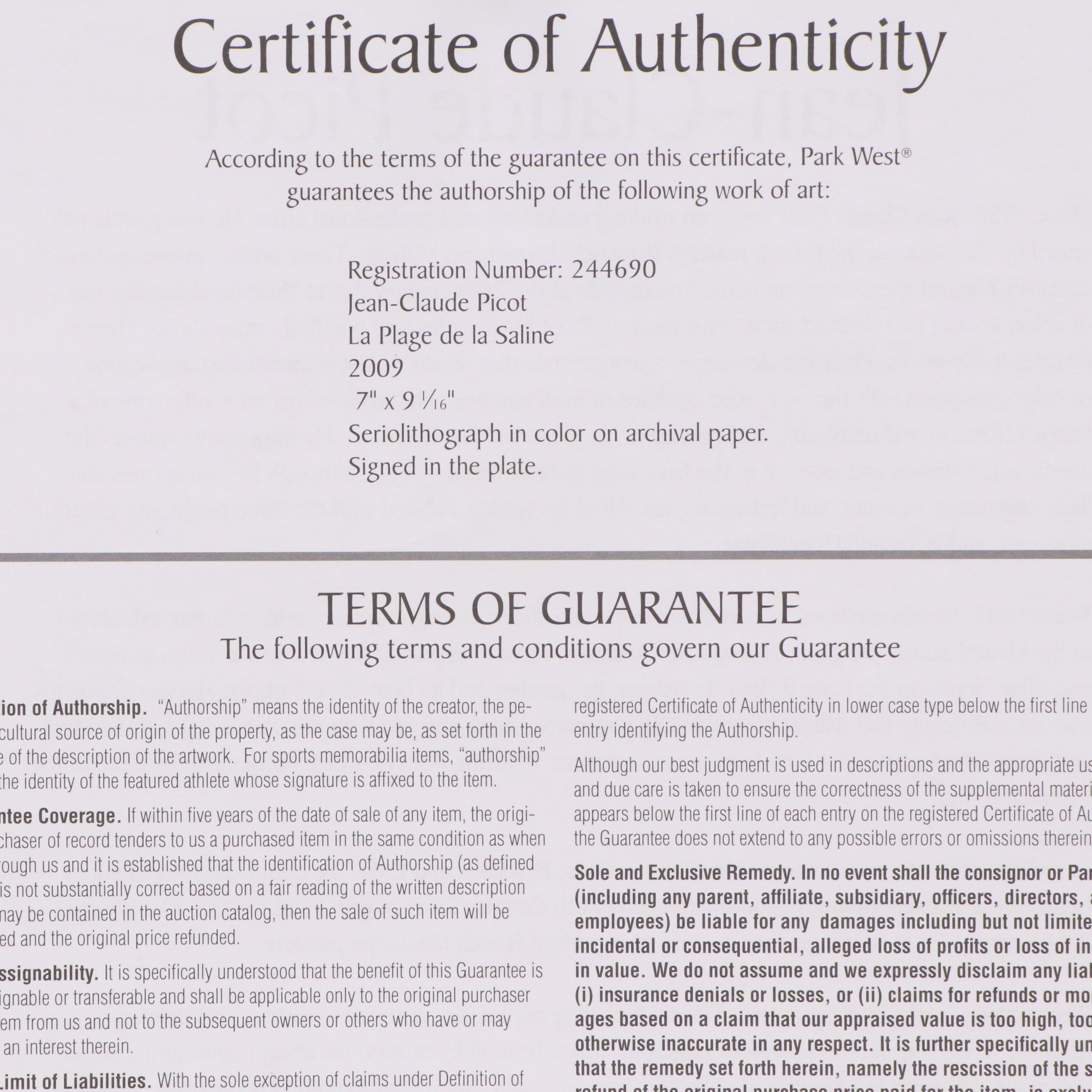 Jean-Claude Picot Seriolithograph "La Plage de la Saline," More