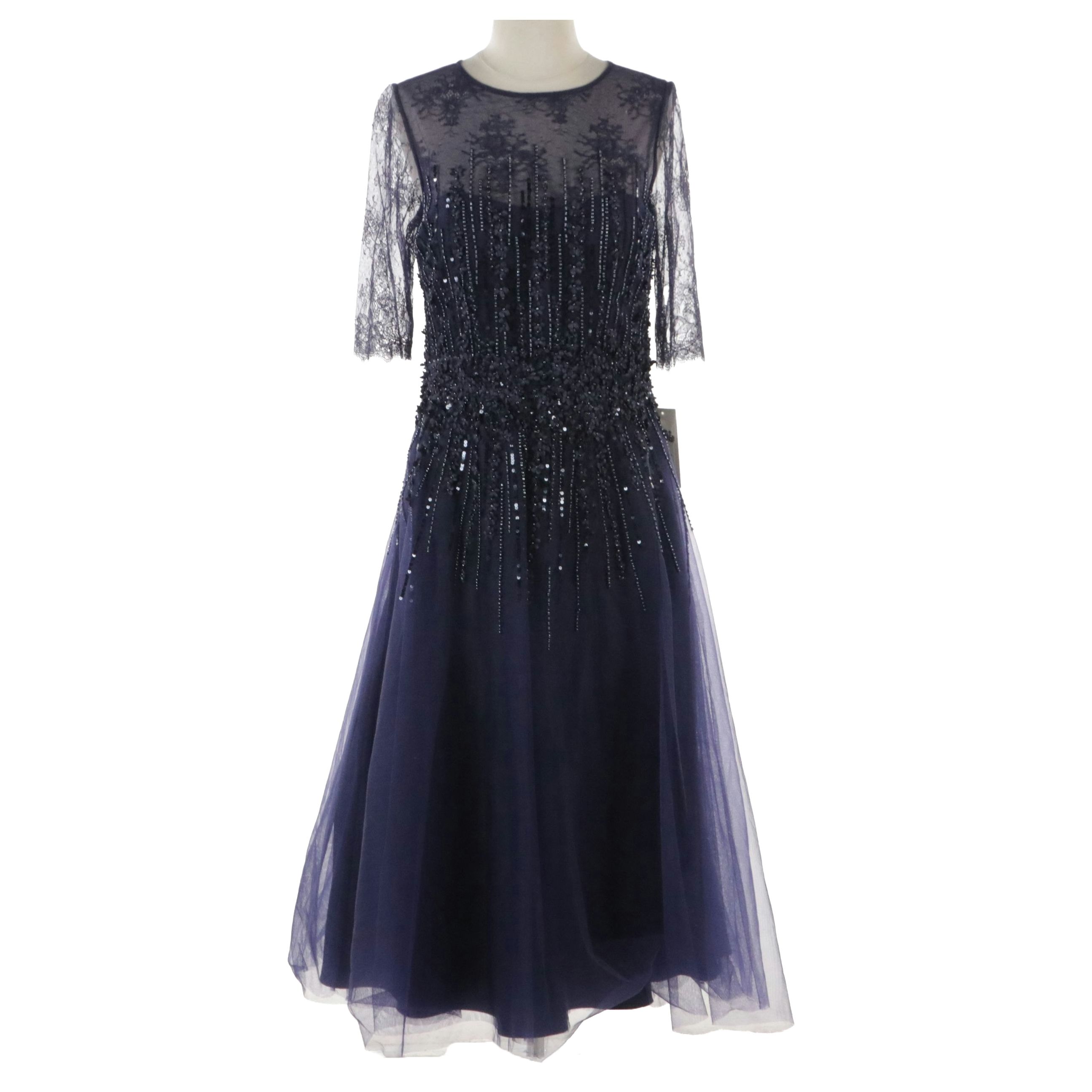 Teri Jon for Rickie Freeman Navy Beaded and Floral Embellished Occasion Dress