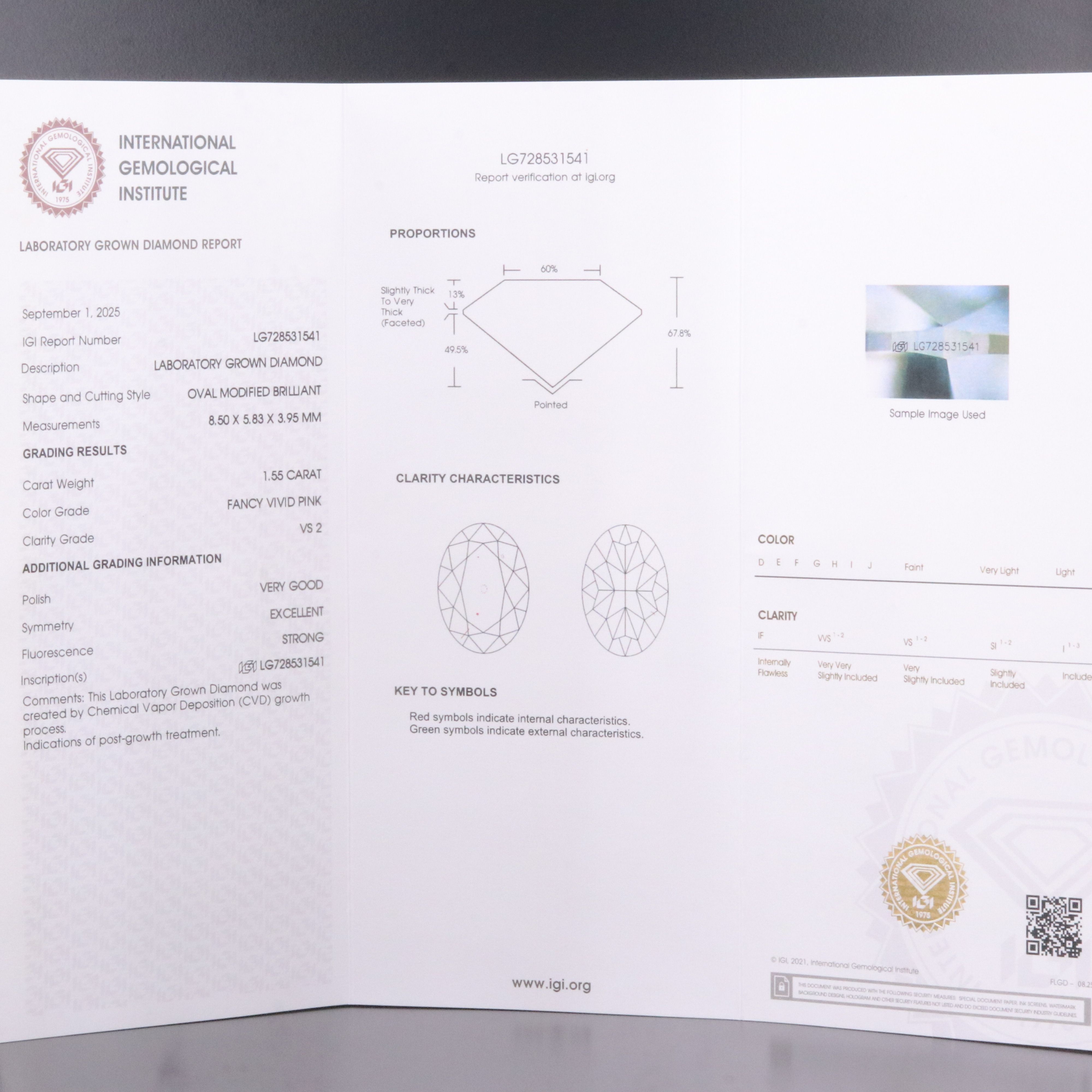 Loose 1.55 CT Lab Grown Fancy Vivid Pink Diamond with IGI Report