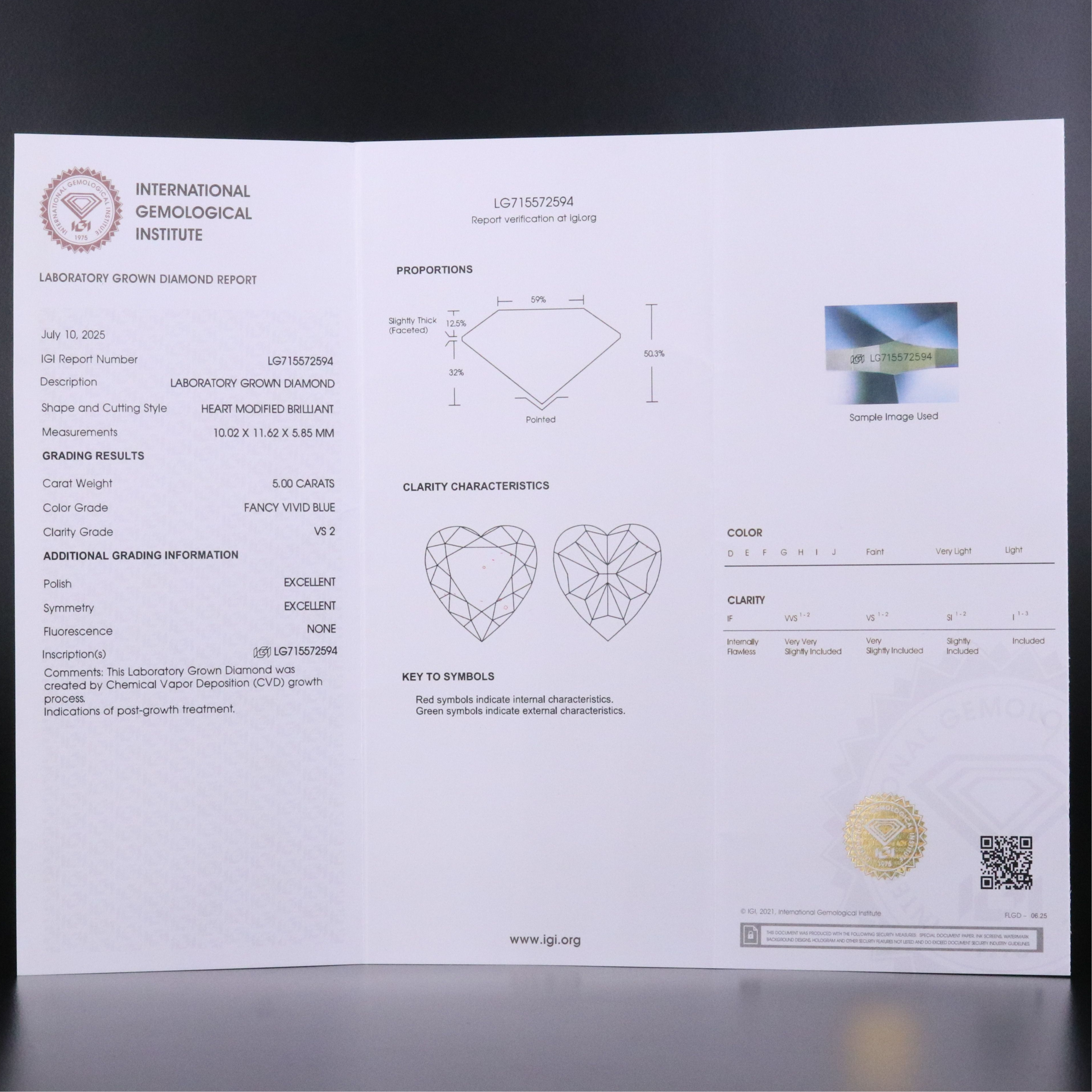 Platinum 5.00 CT Lab Grown Fancy Vivid Blue Diamond Heart Ring with IGI Report