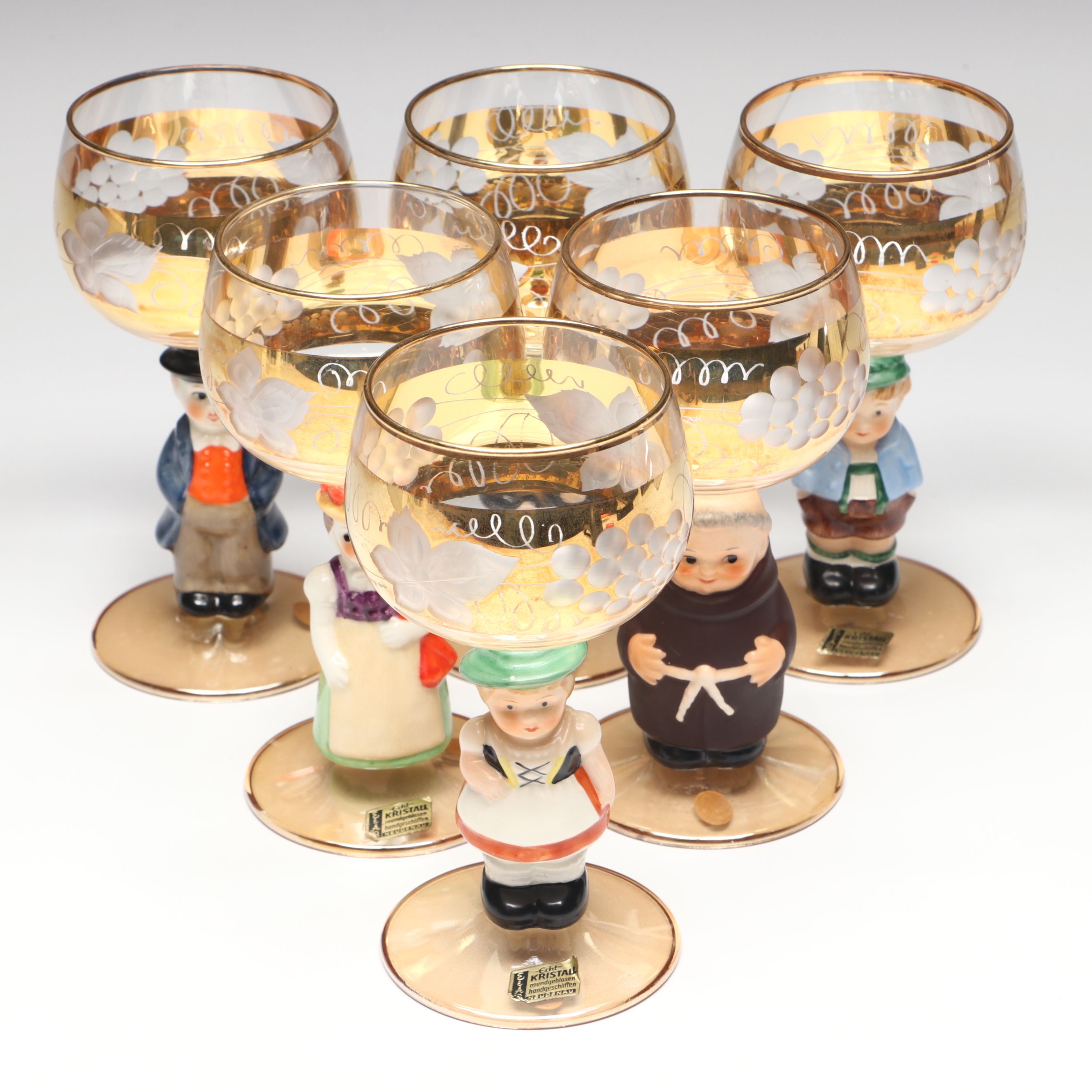 Vintage German Figural Porcelain and Crystal Alsace Glasses