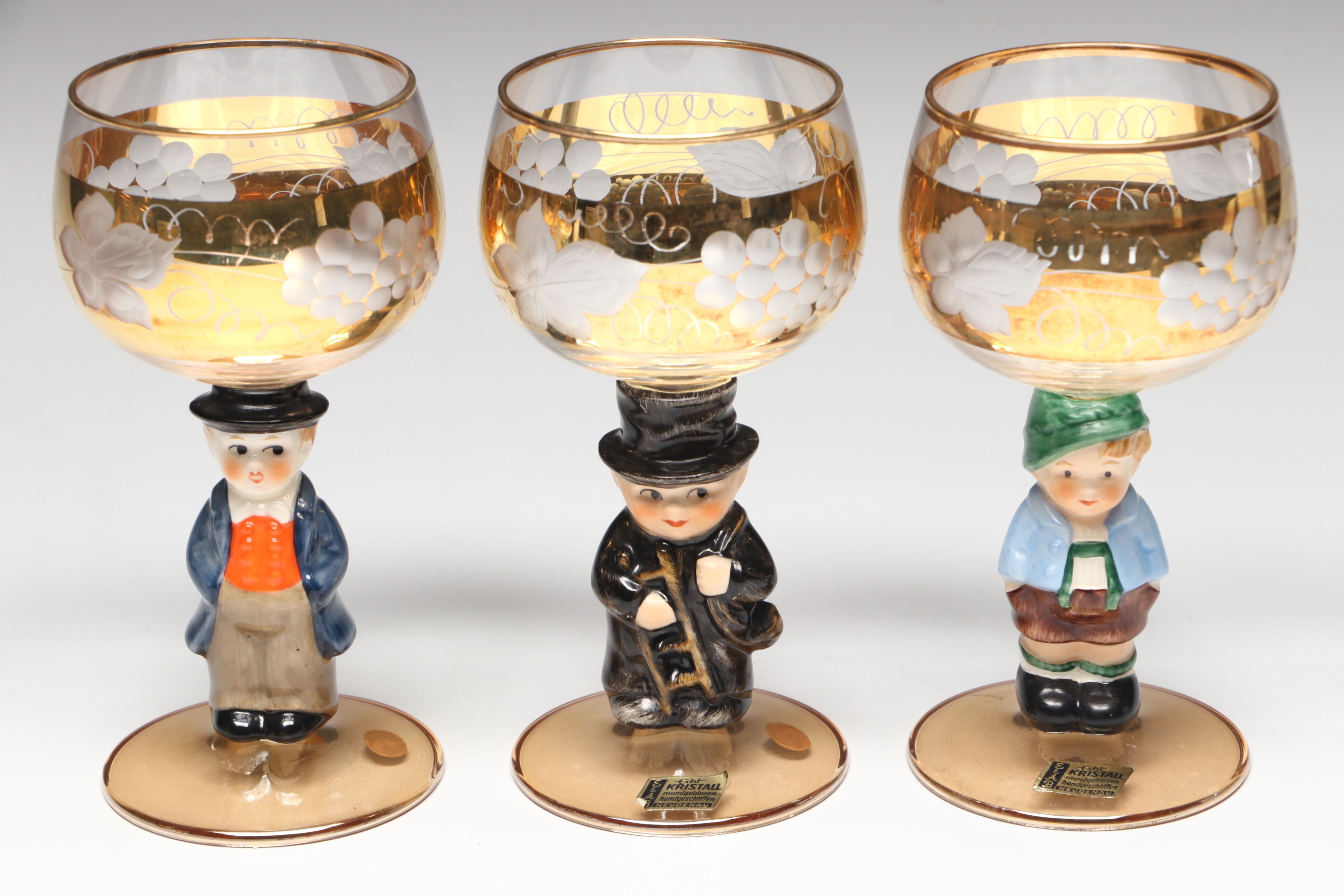 Vintage German Figural Porcelain and Crystal Alsace Glasses
