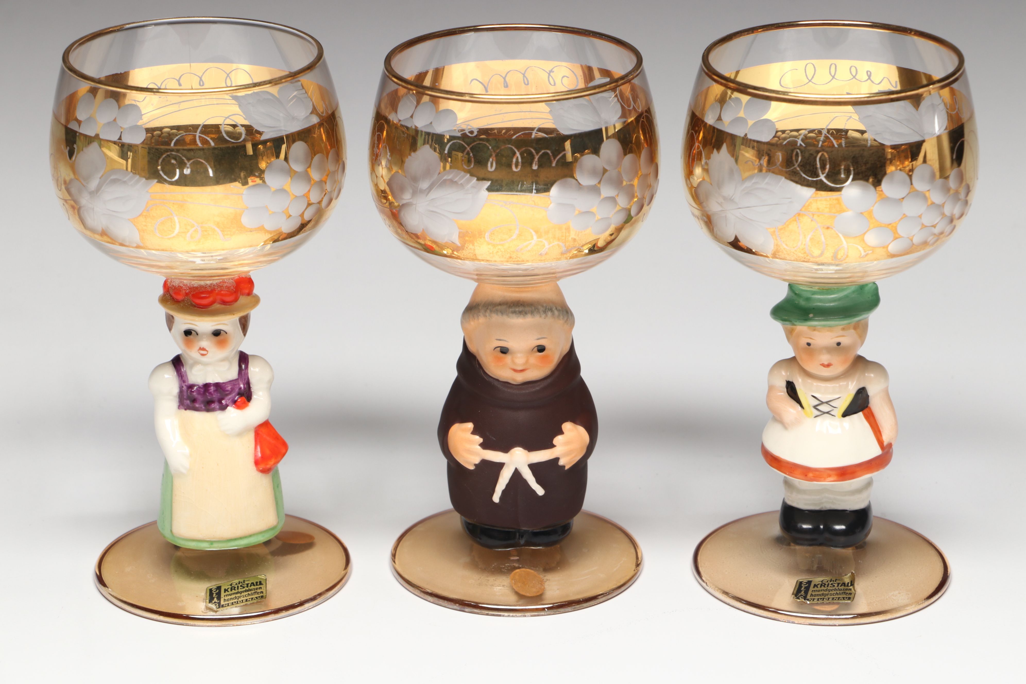 Vintage German Figural Porcelain and Crystal Alsace Glasses