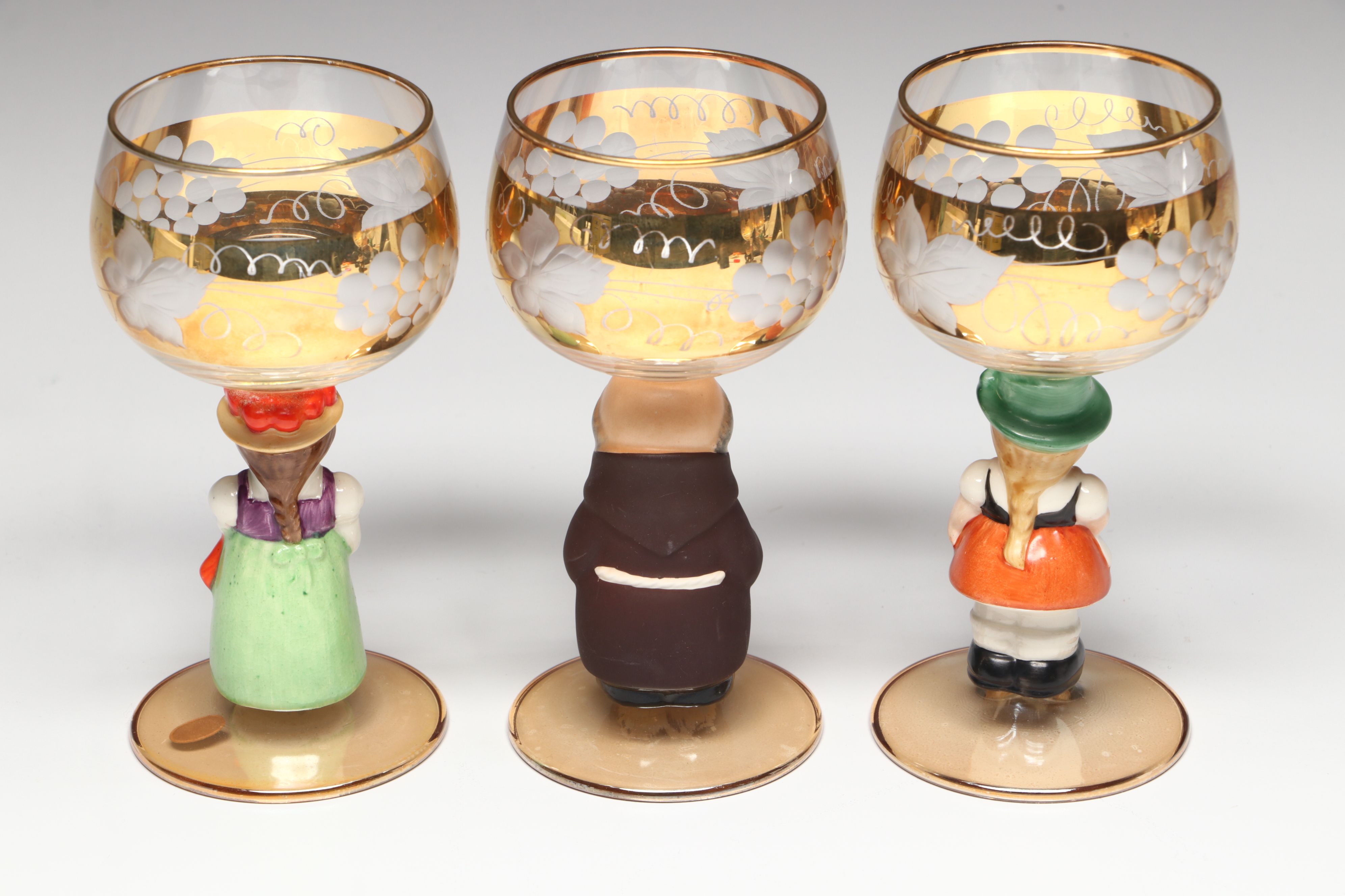 Vintage German Figural Porcelain and Crystal Alsace Glasses