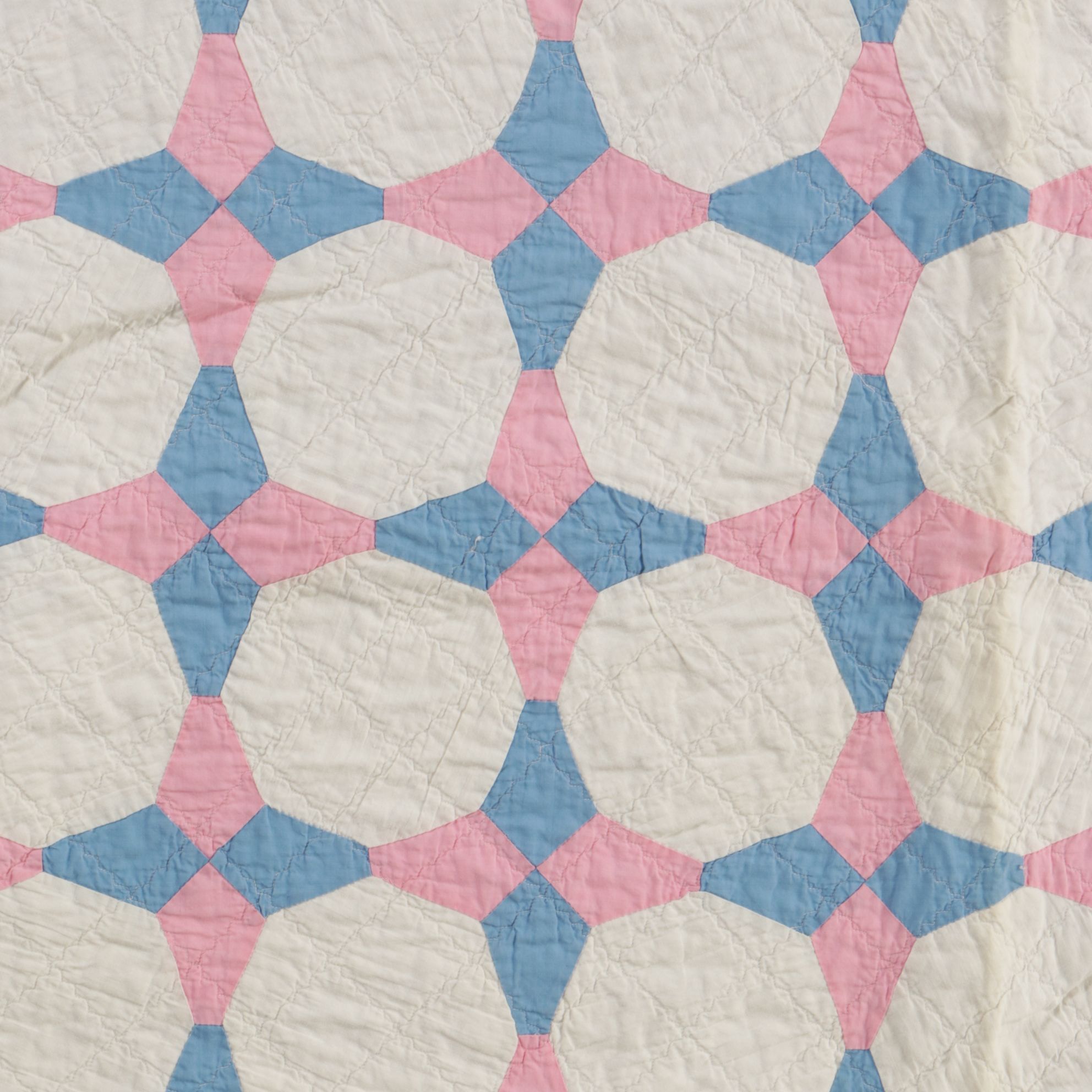 Hand-Pieced "Job's Troubles" Blue & Pink Cotton Quilt