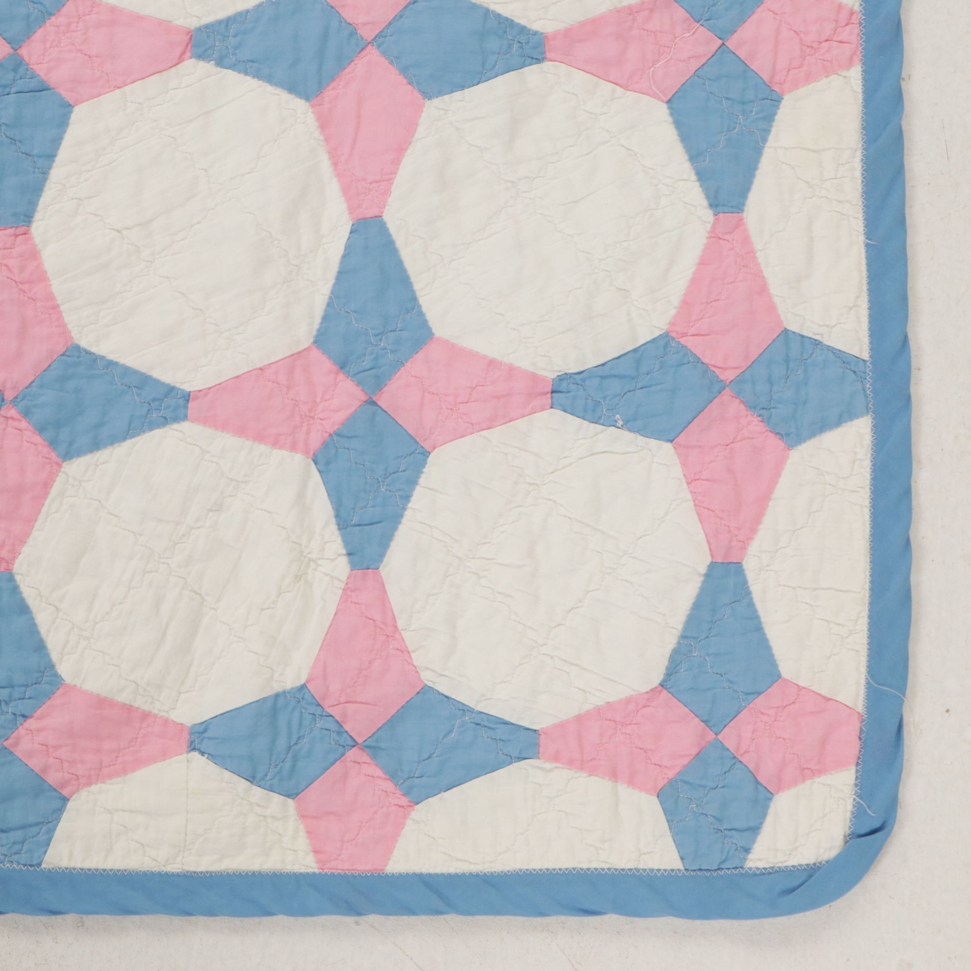 Hand-Pieced "Job's Troubles" Blue & Pink Cotton Quilt