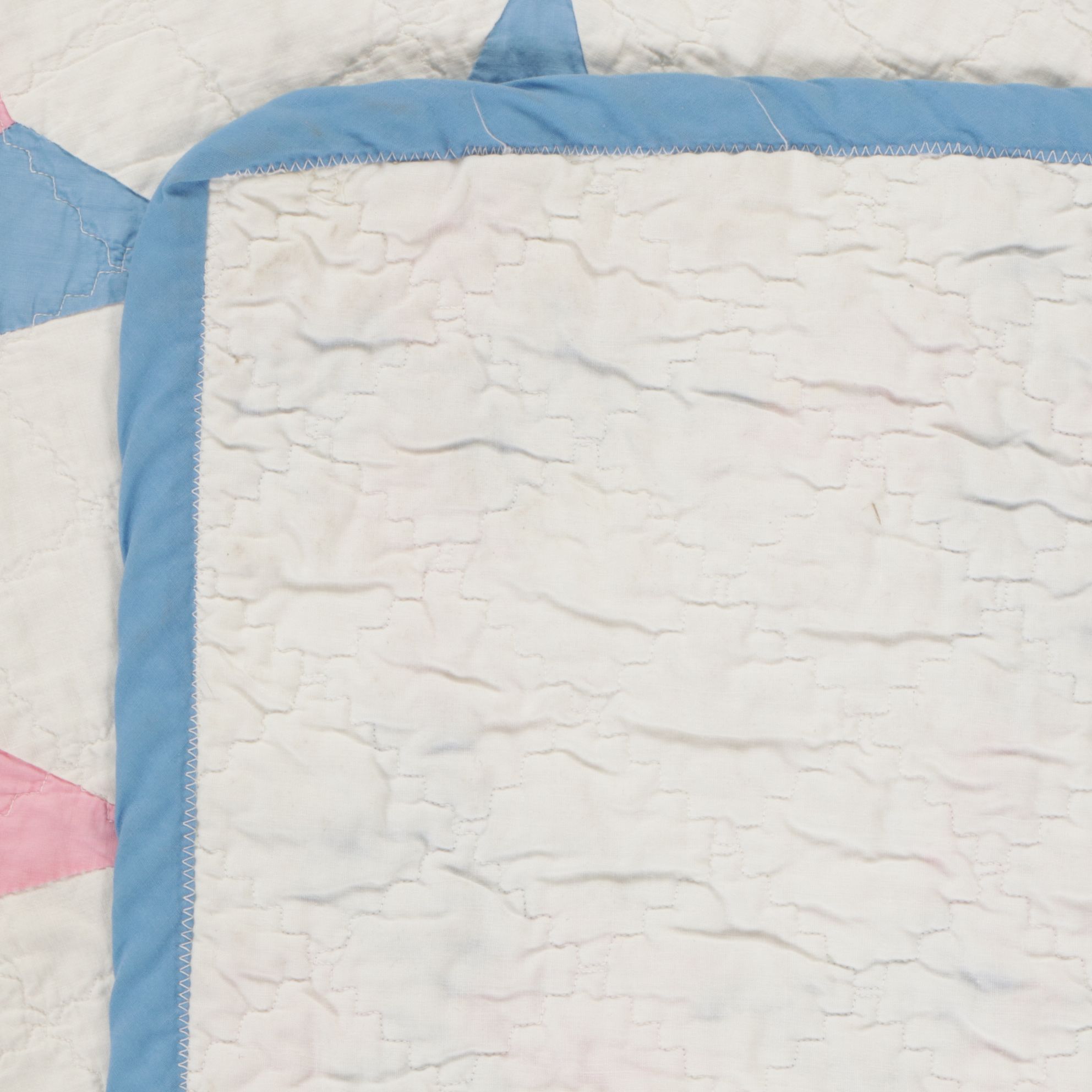 Hand-Pieced "Job's Troubles" Blue & Pink Cotton Quilt