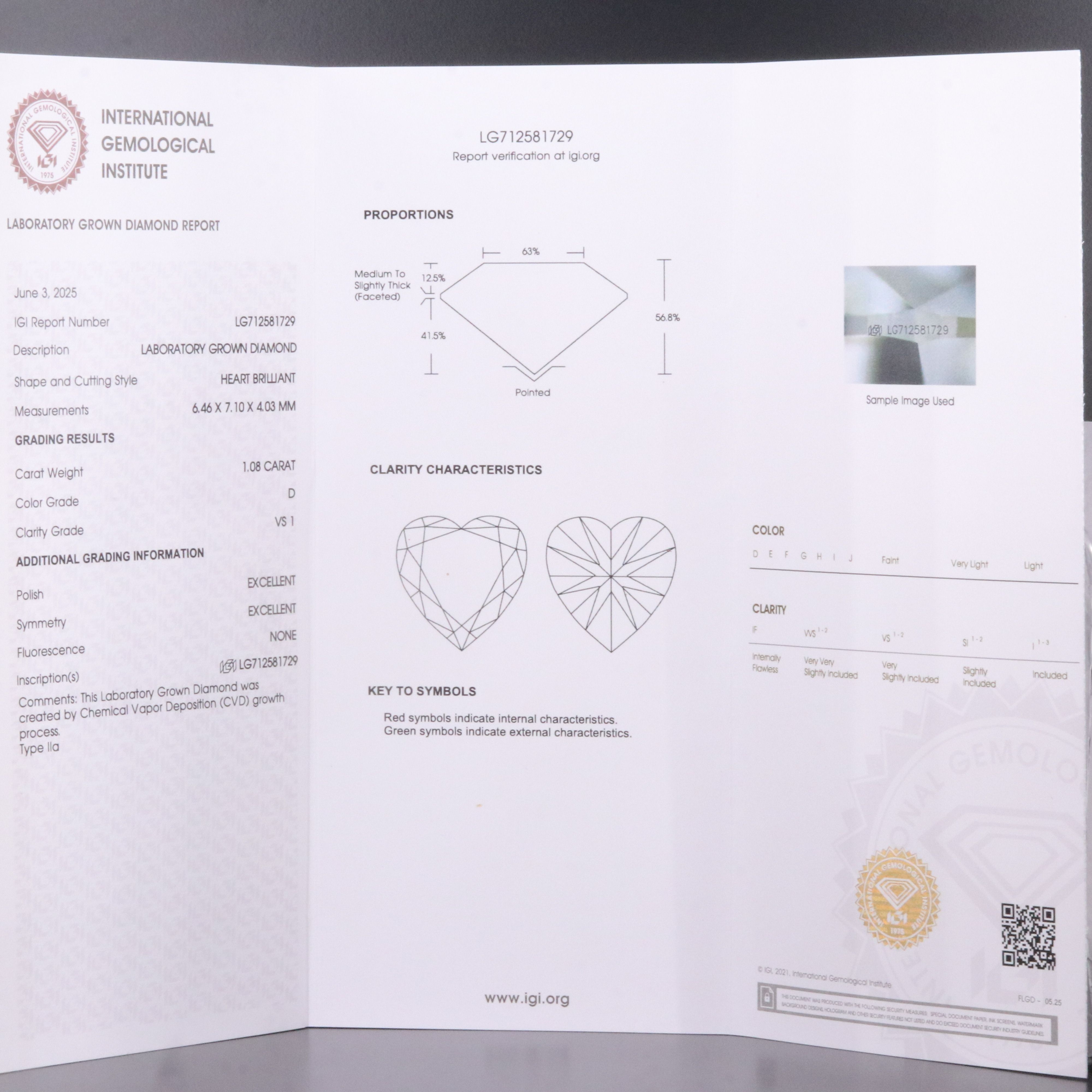Loose 1.08 CT Lab Grown Diamond with IGI Report
