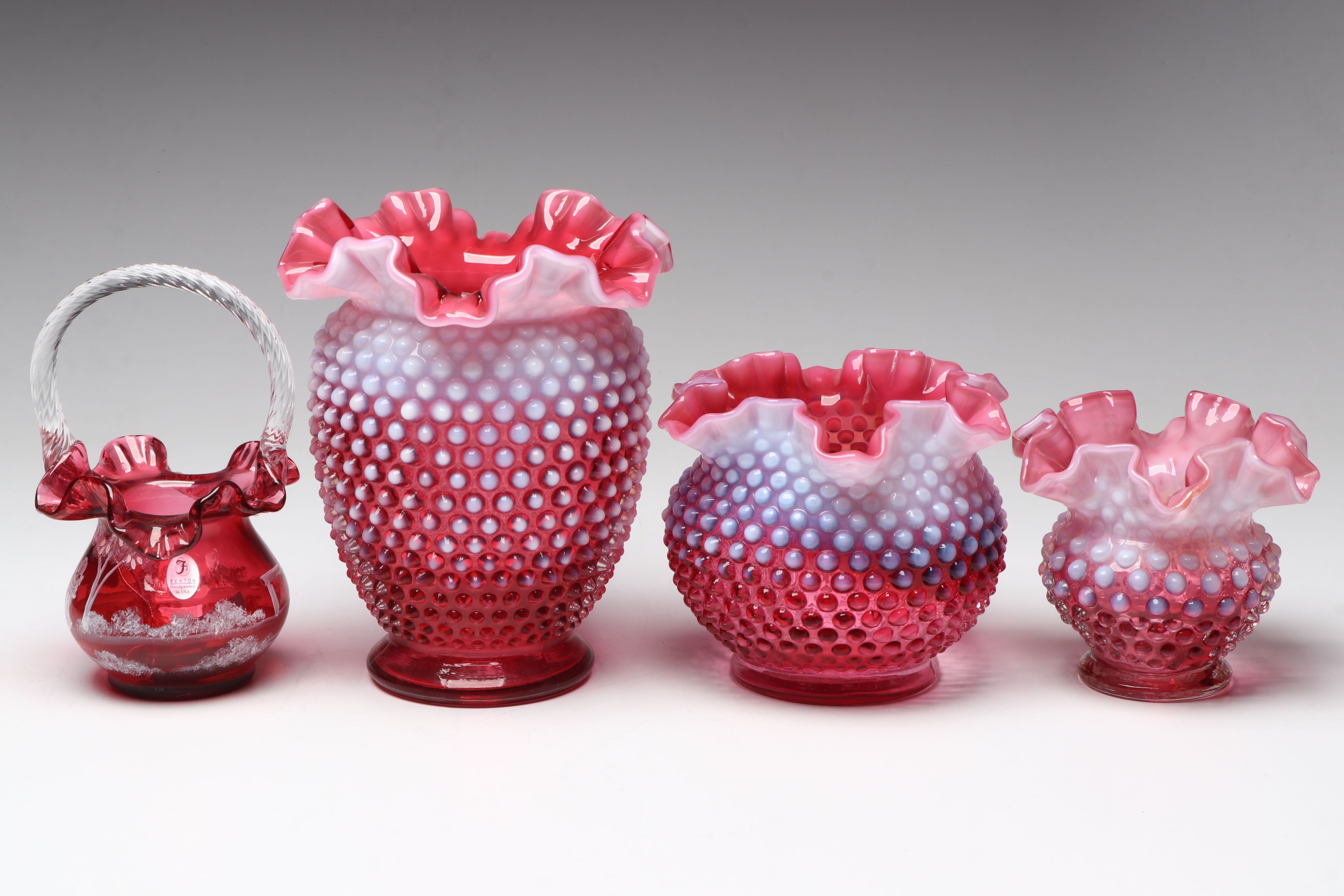 Fenton Cranberry Hobnail Vase, Hand-Painted Cranberry Glass Basket Vase and More