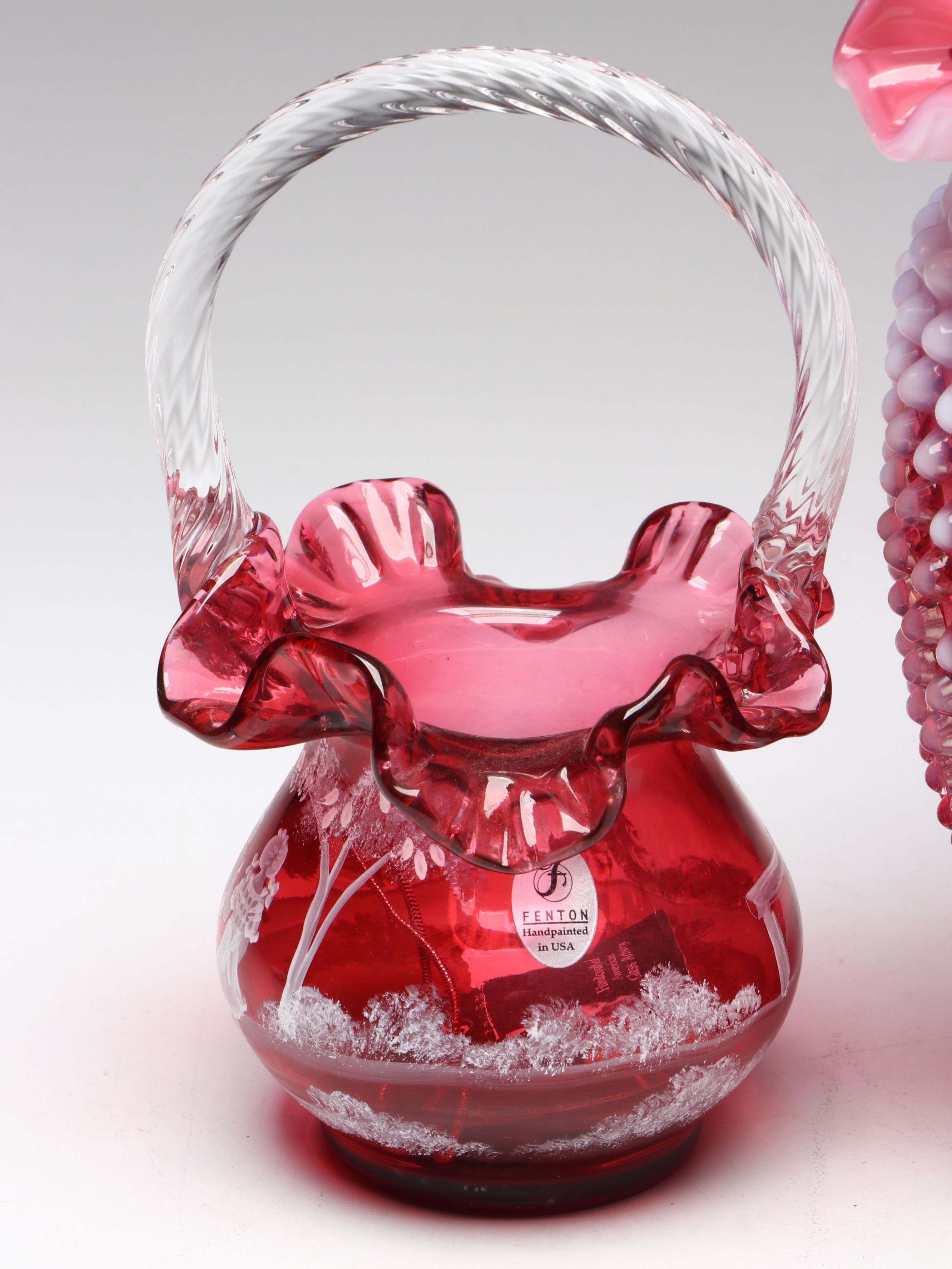 Fenton Cranberry Hobnail Vase, Hand-Painted Cranberry Glass Basket Vase and More