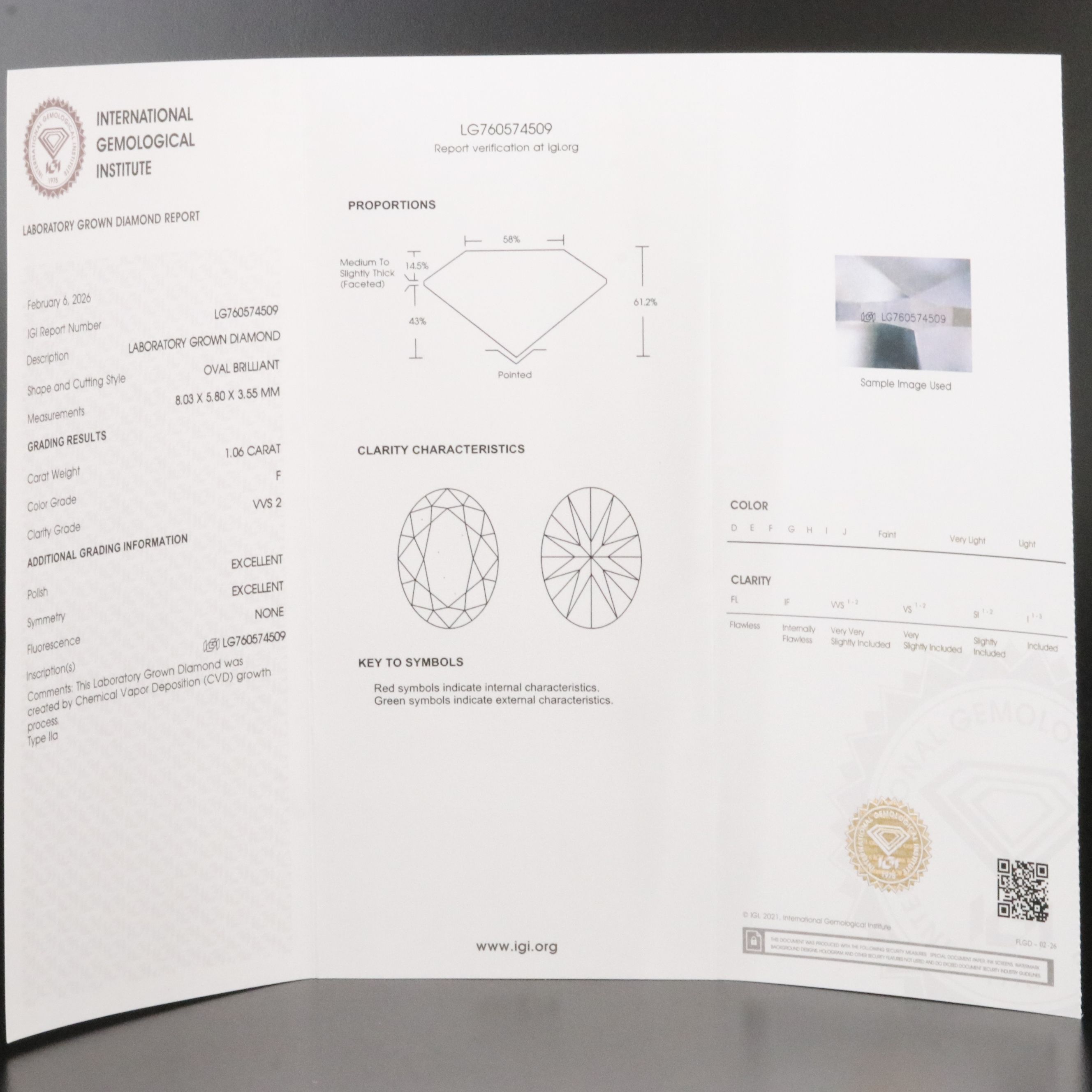 Loose 1.06 CT Lab Grown Diamond with IGI Report