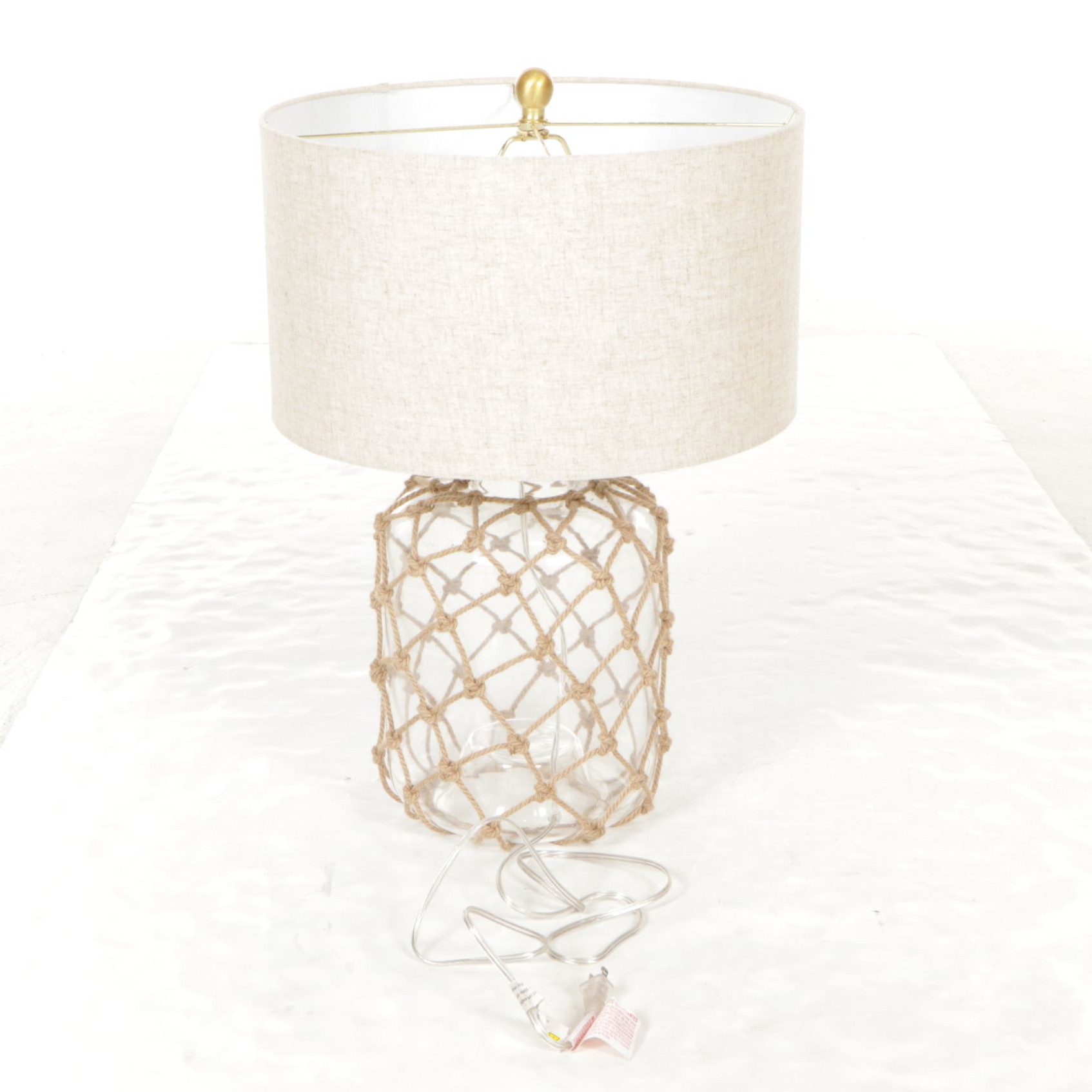 Nautical Style Glass Bottle and Net Rope Table Lamp, Drum Shade