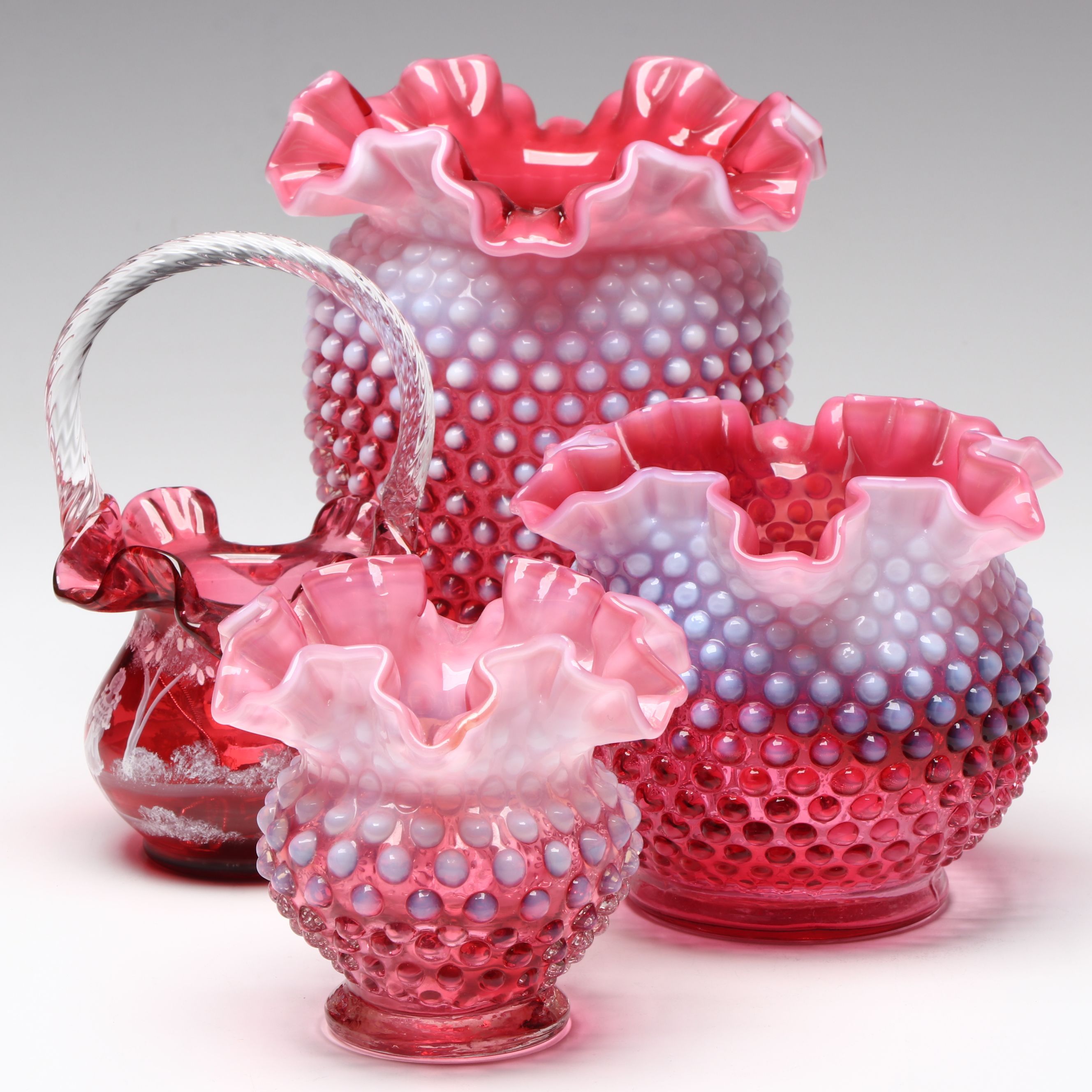 Fenton Cranberry Hobnail Vase, Hand-Painted Cranberry Glass Basket Vase and More