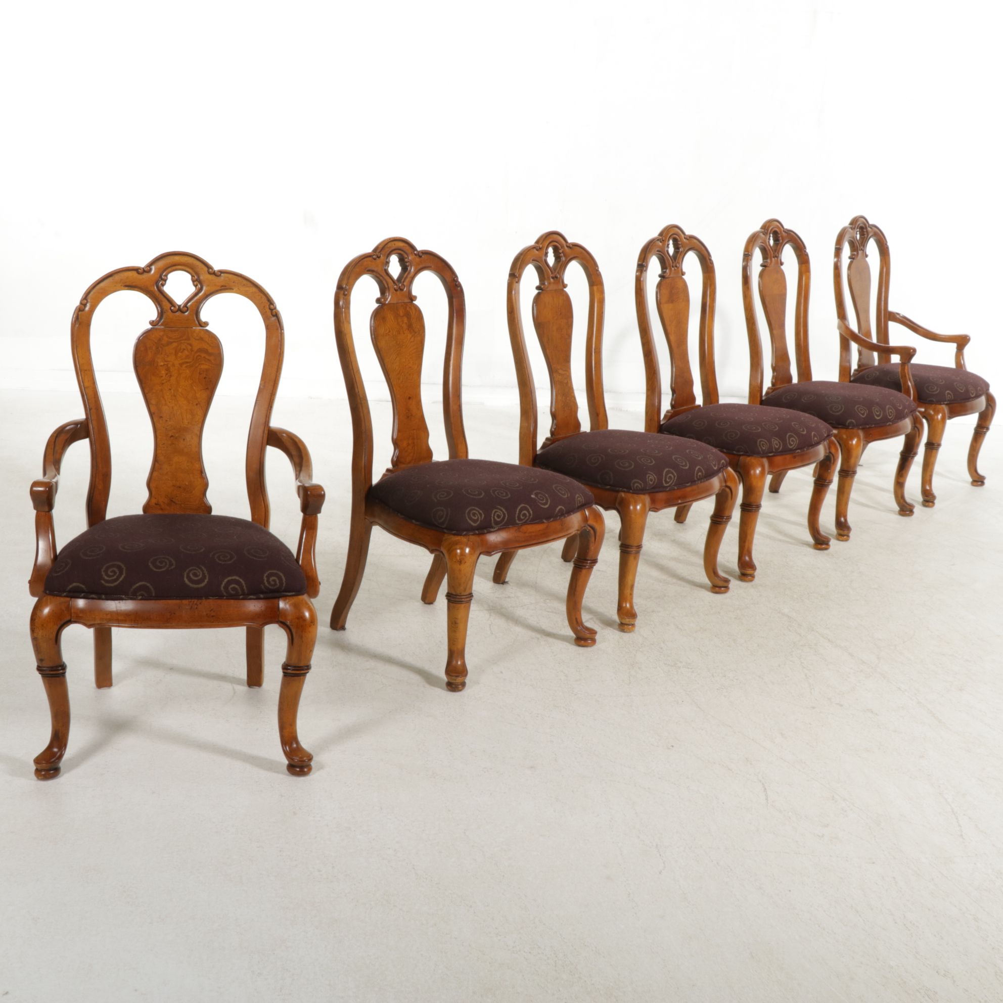 Six Thomasville "British Gentry Collection" Walnut and Burl Wood Dining Chairs