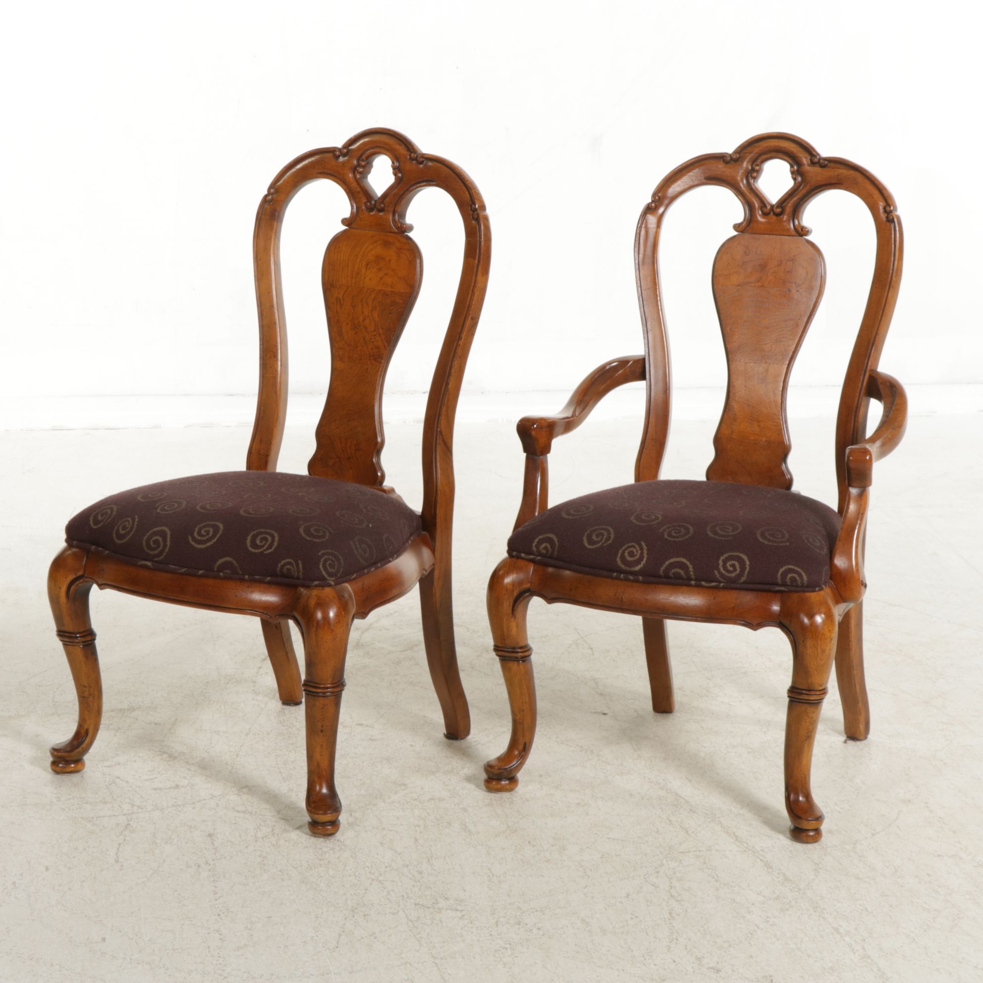 Six Thomasville "British Gentry Collection" Walnut and Burl Wood Dining Chairs