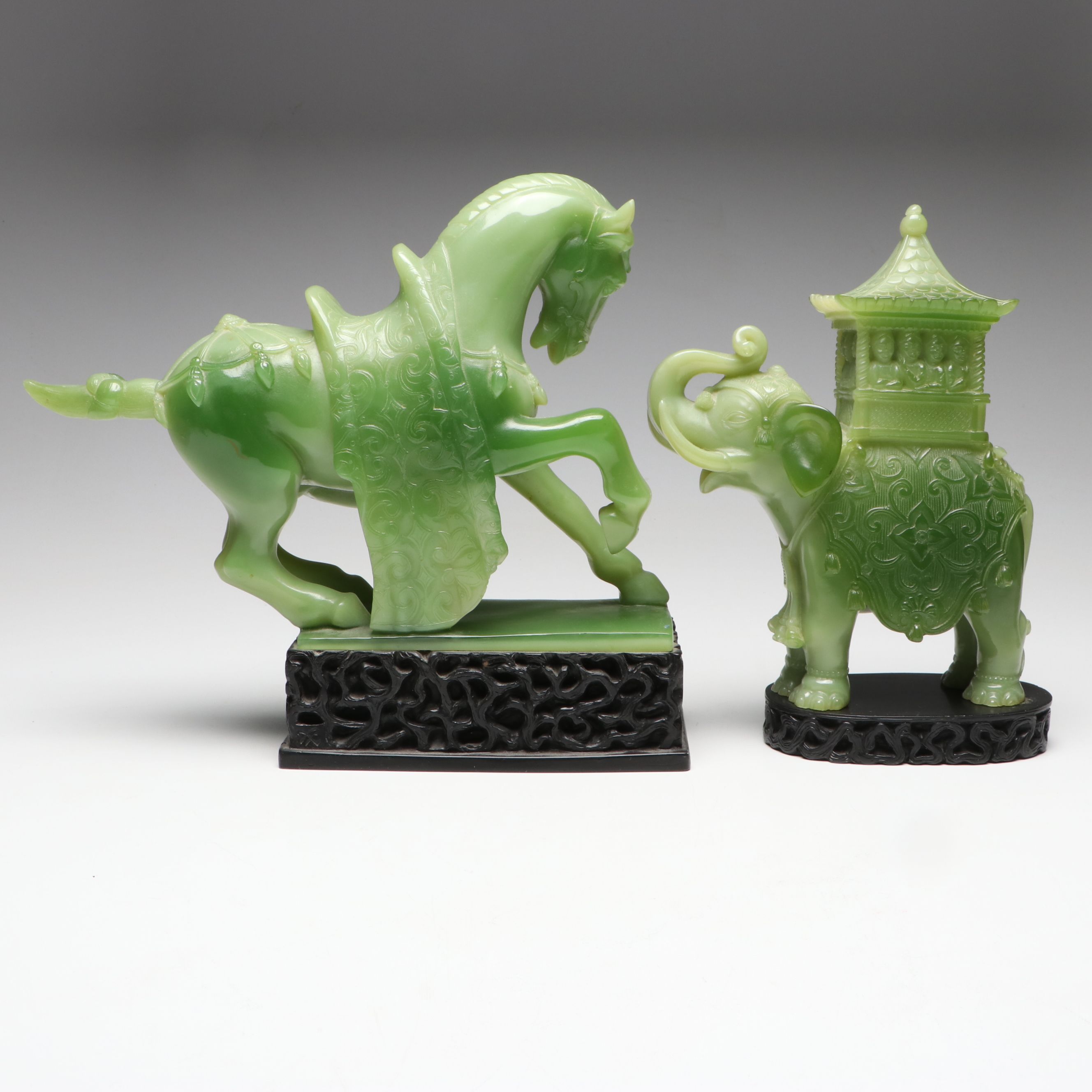 Chinese Resin Galloping Horse Figure with Resin and Glass Elephant Figures
