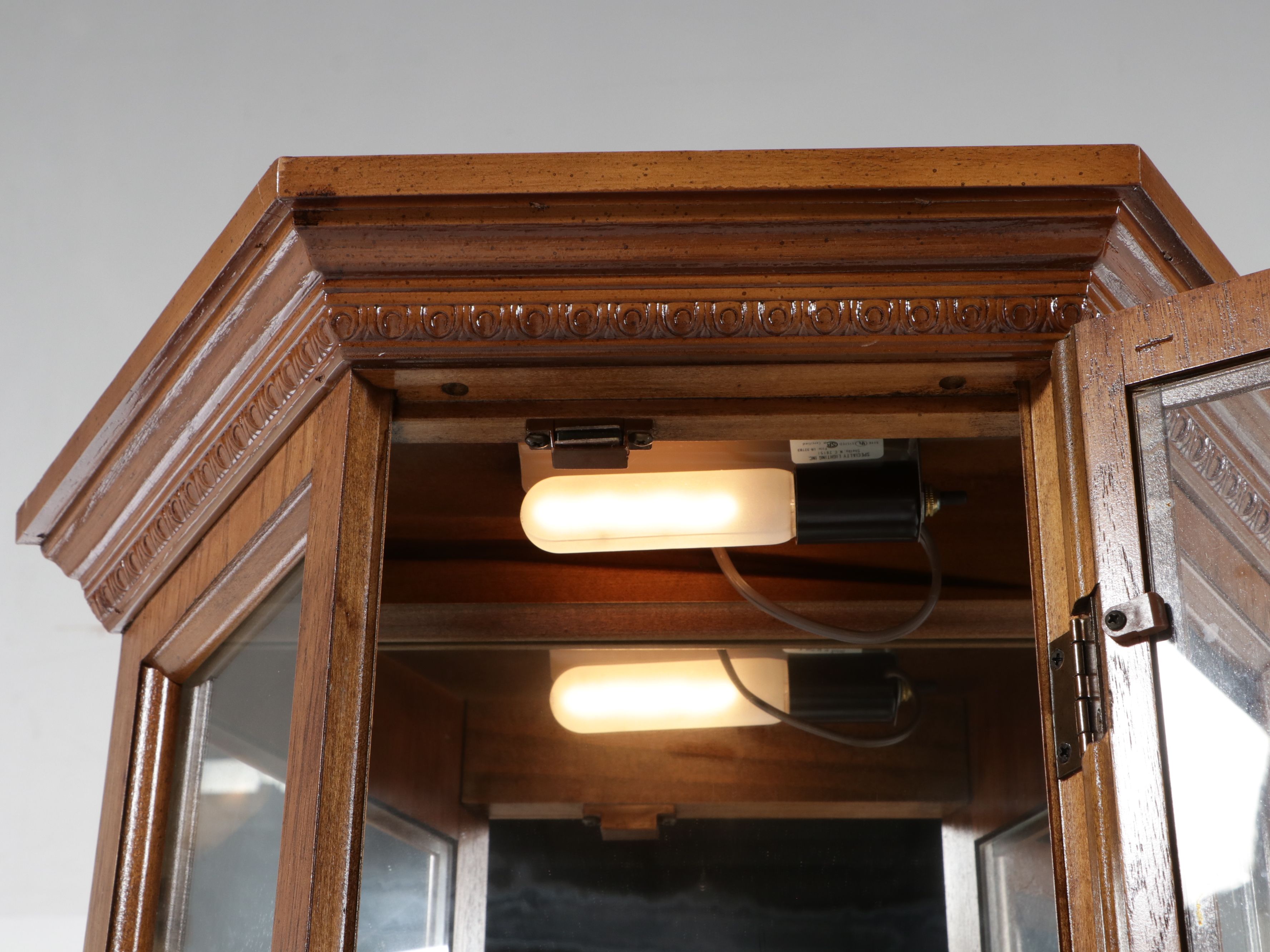 Federal Style Hexagonal Lighted Oak Curio Cabinet