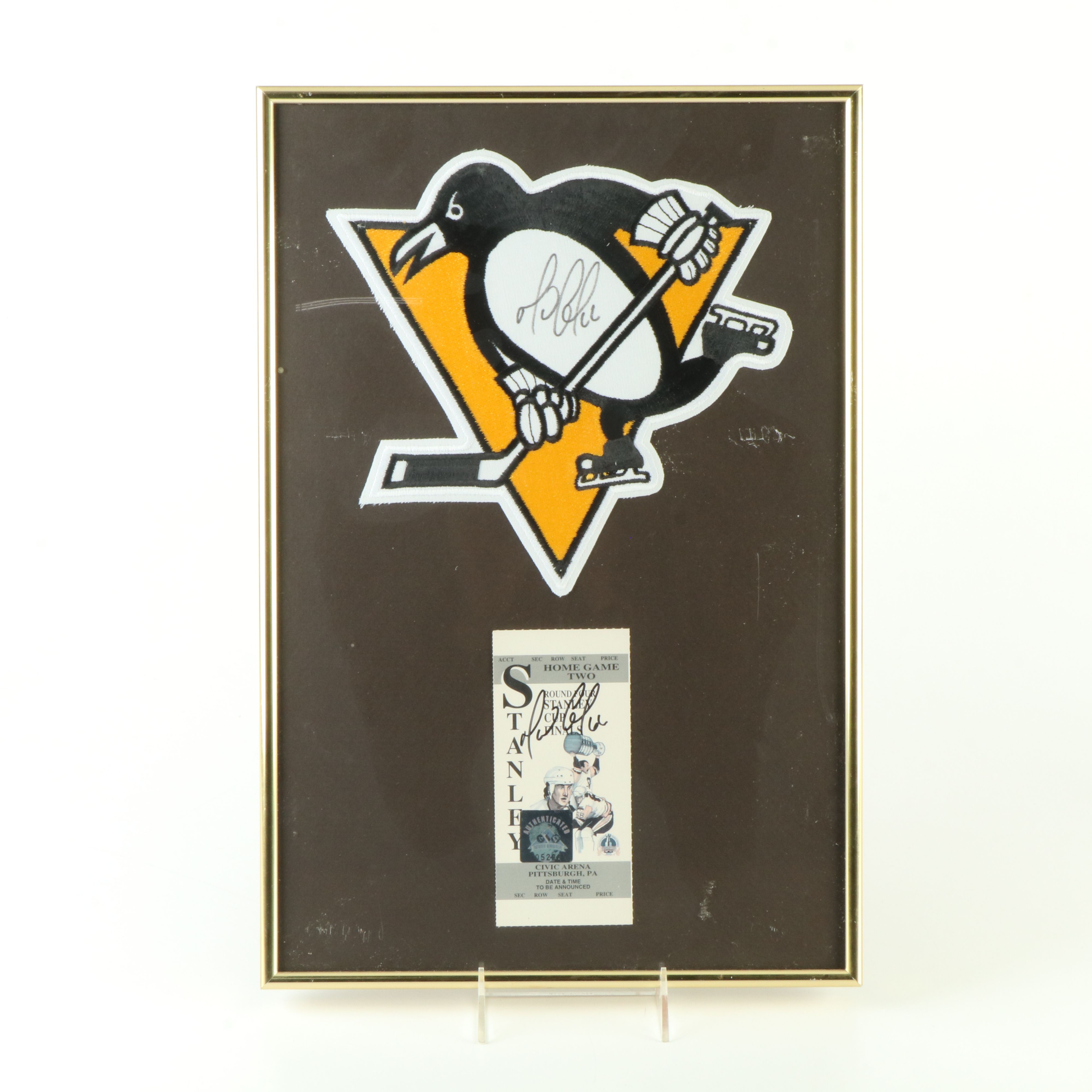 Mario Lemieux Signed Pittsburgh Penguins Patch and Ticket Stub with Display