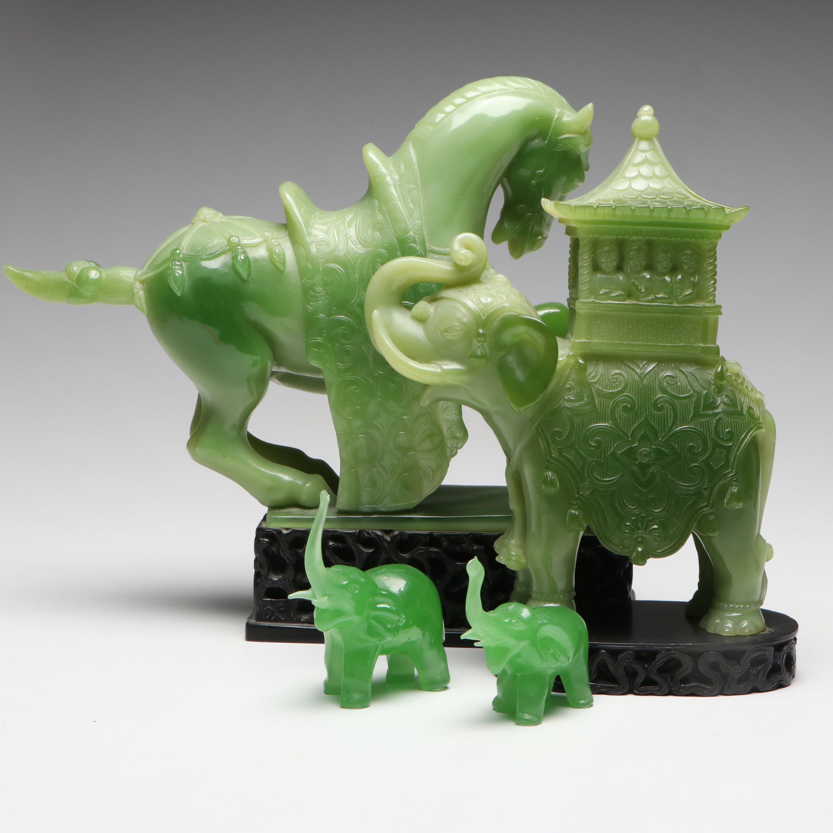 Chinese Resin Galloping Horse Figure with Resin and Glass Elephant Figures