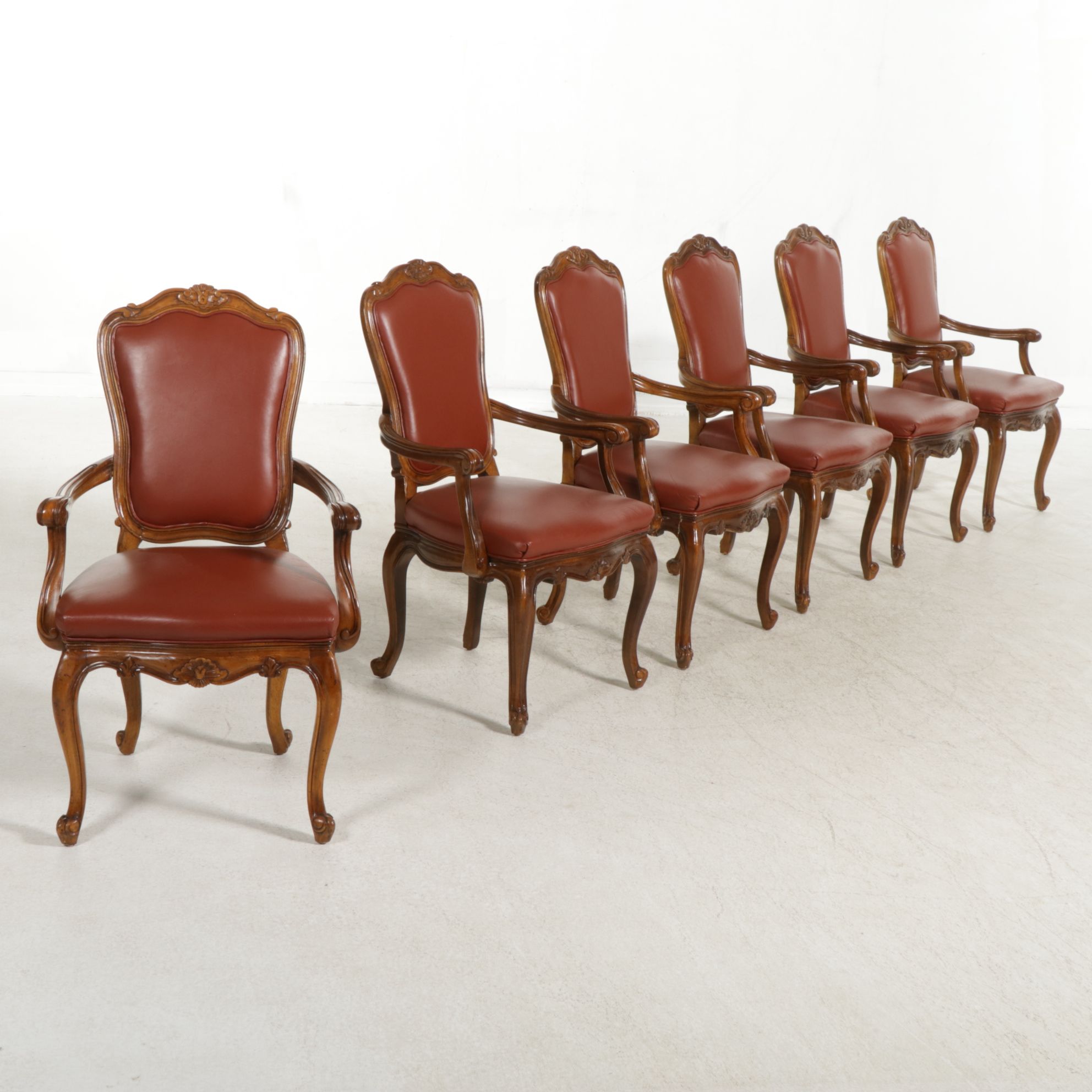 Six Louis XV Style Walnut Dining Chairs with Leather Upholstery