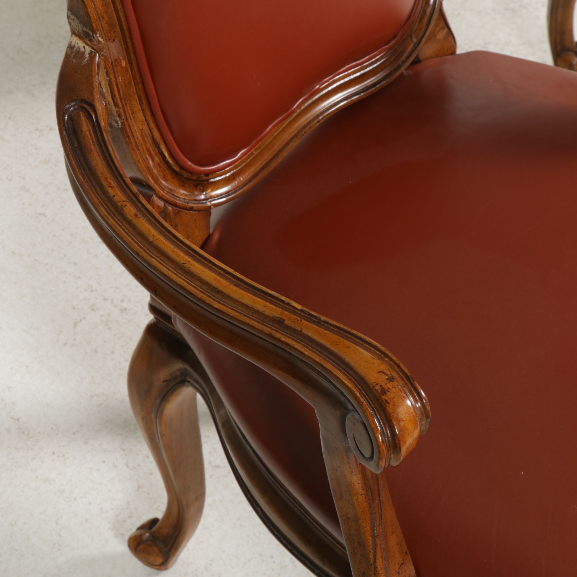 Six Louis XV Style Walnut Dining Chairs with Leather Upholstery