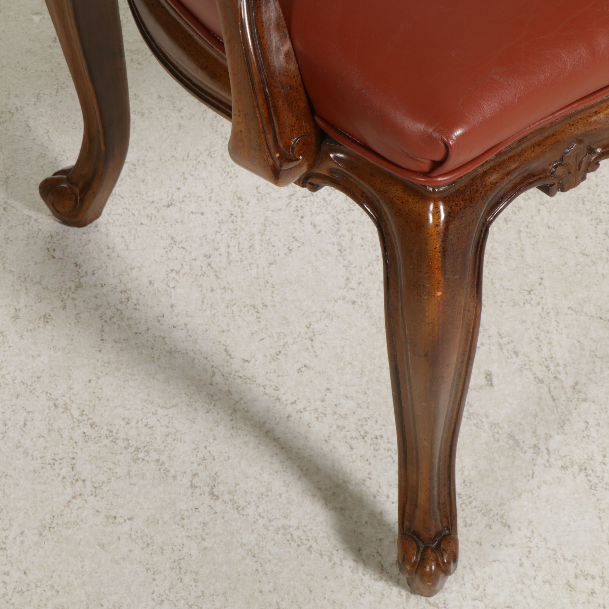 Six Louis XV Style Walnut Dining Chairs with Leather Upholstery