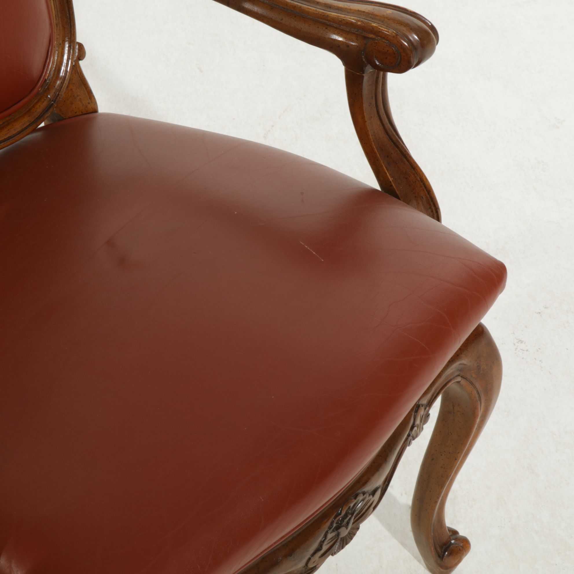 Six Louis XV Style Walnut Dining Chairs with Leather Upholstery