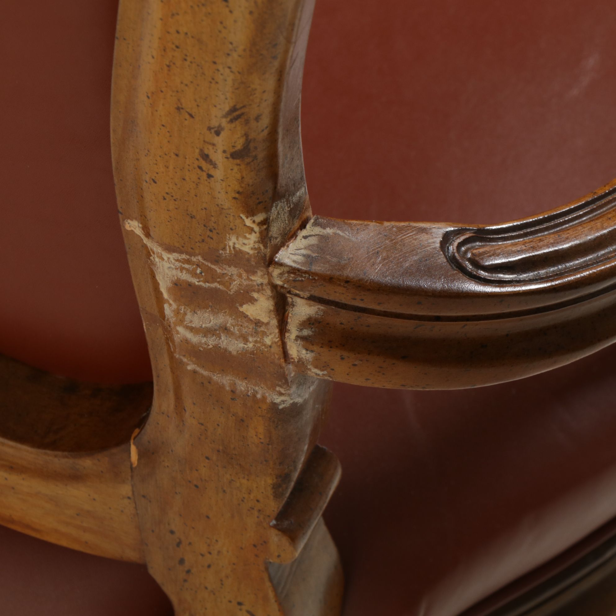 Six Louis XV Style Walnut Dining Chairs with Leather Upholstery