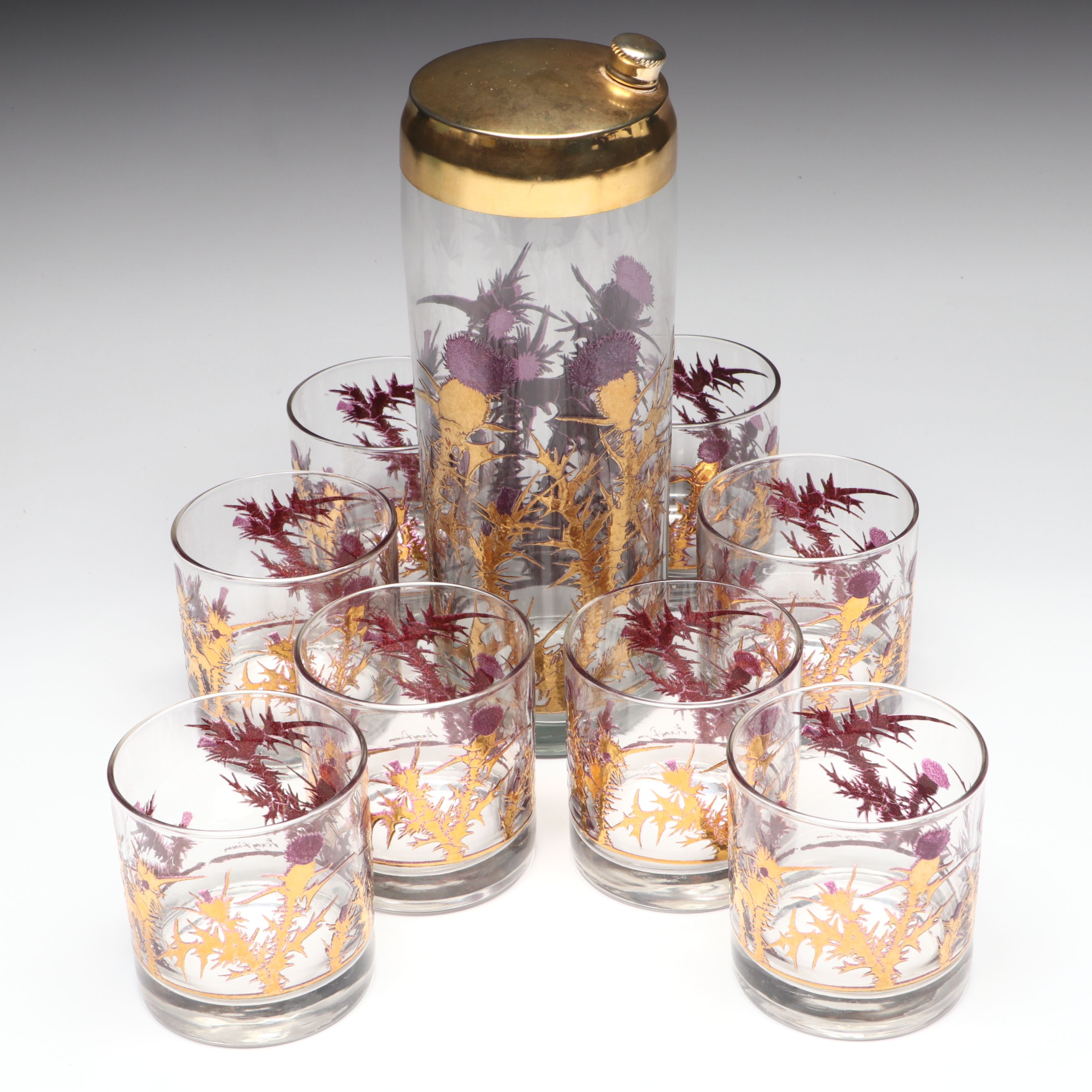 Gregory Duncan 22K Gold Decorated "Purple Thistle" Cocktail Shaker and Glasses
