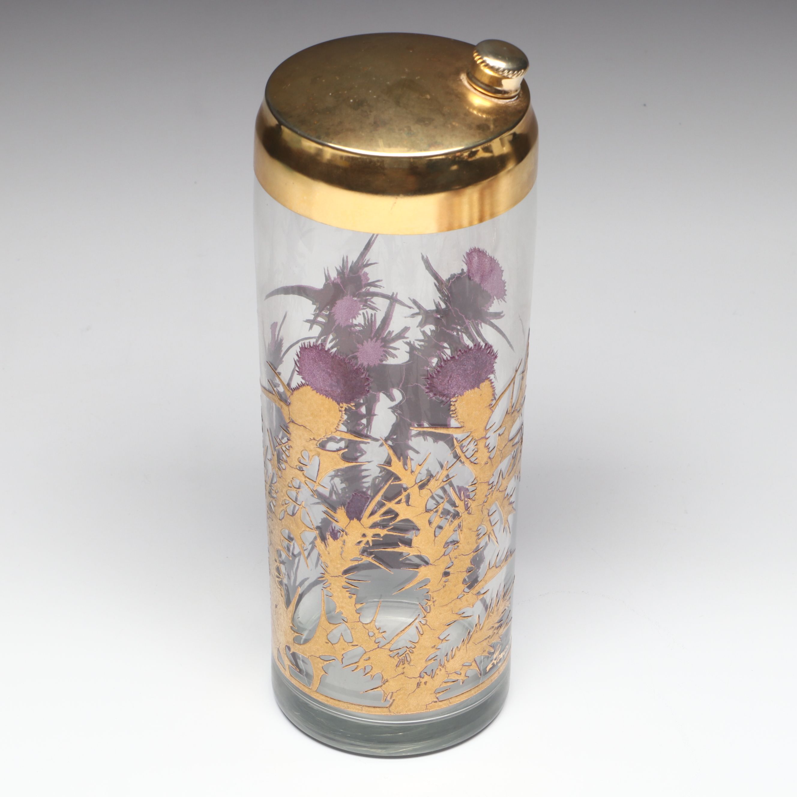 Gregory Duncan 22K Gold Decorated "Purple Thistle" Cocktail Shaker and Glasses