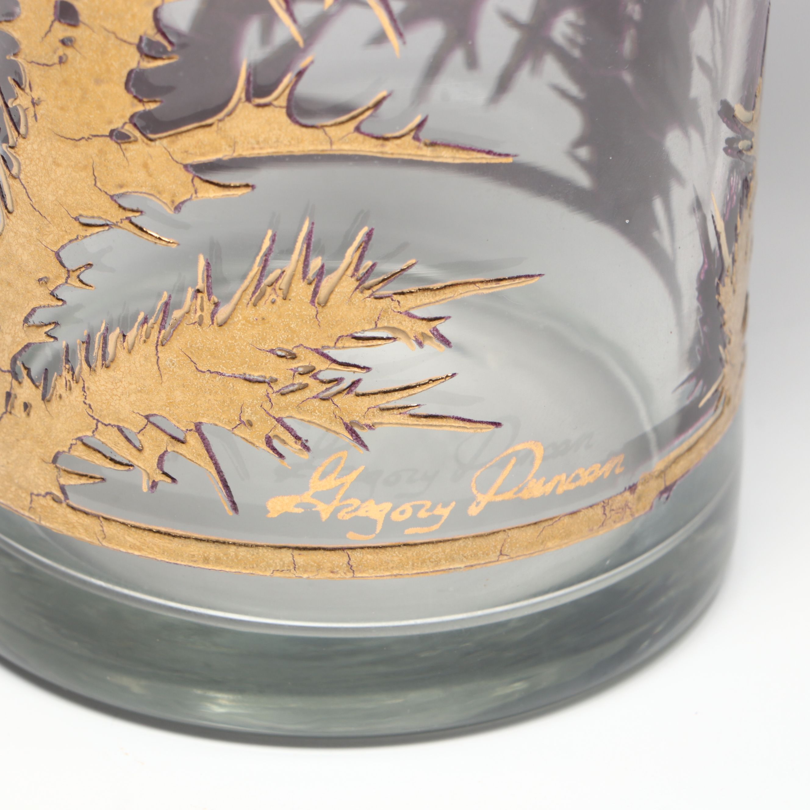 Gregory Duncan 22K Gold Decorated "Purple Thistle" Cocktail Shaker and Glasses