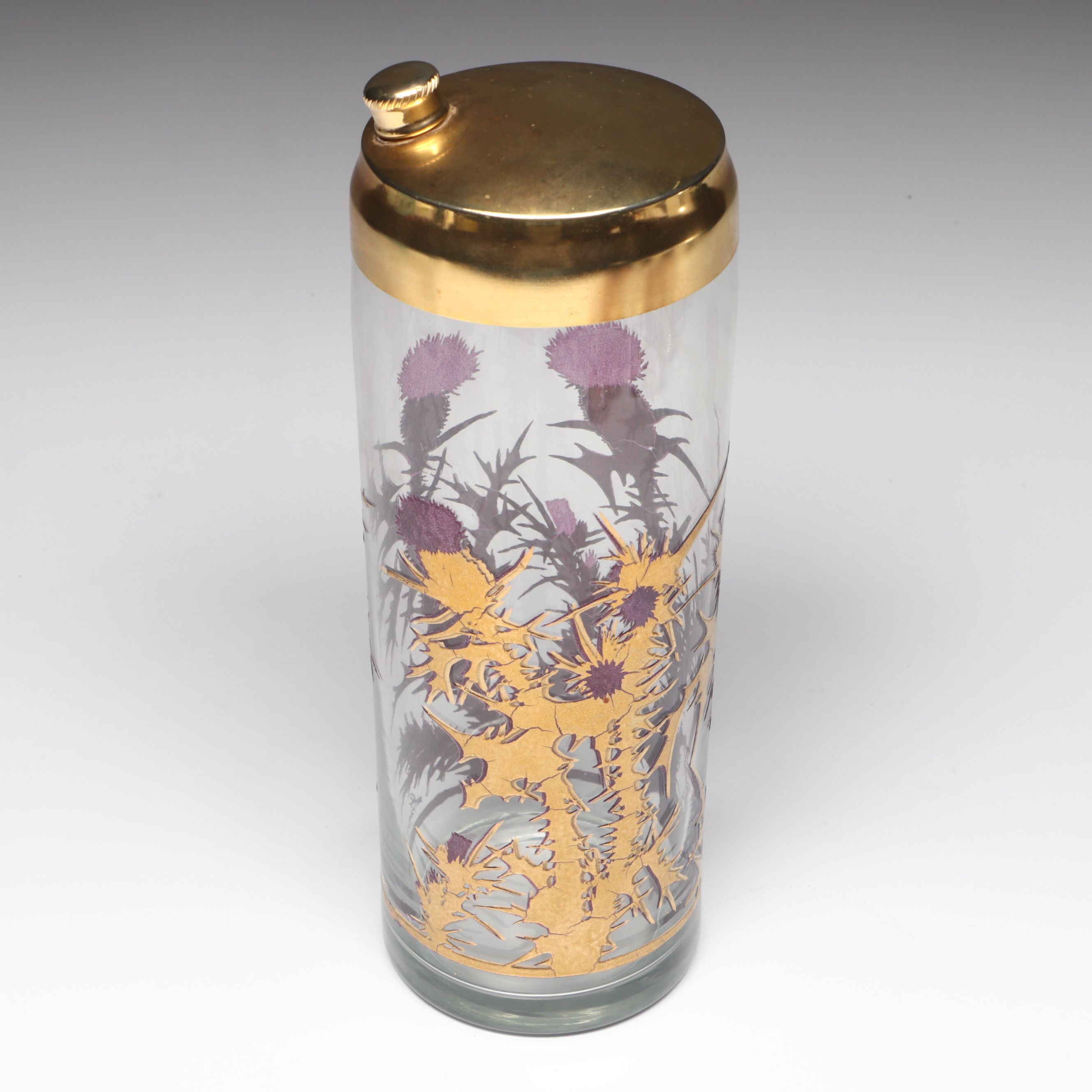 Gregory Duncan 22K Gold Decorated "Purple Thistle" Cocktail Shaker and Glasses