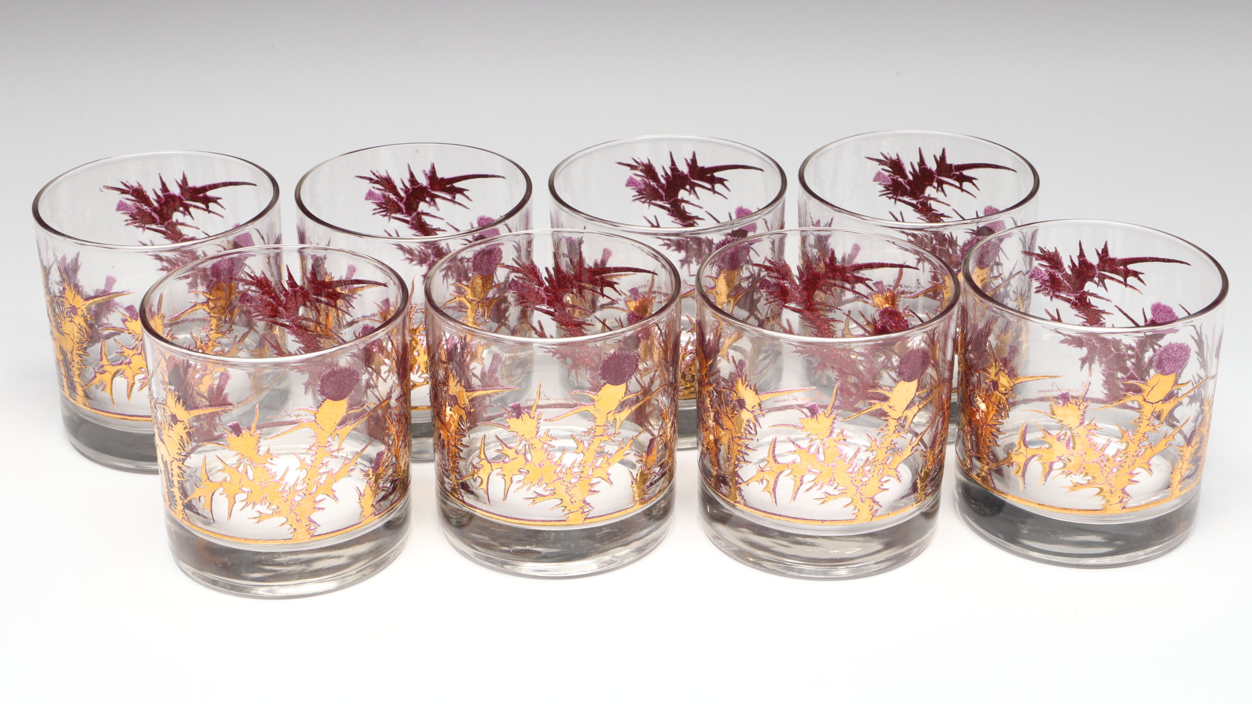 Gregory Duncan 22K Gold Decorated "Purple Thistle" Cocktail Shaker and Glasses
