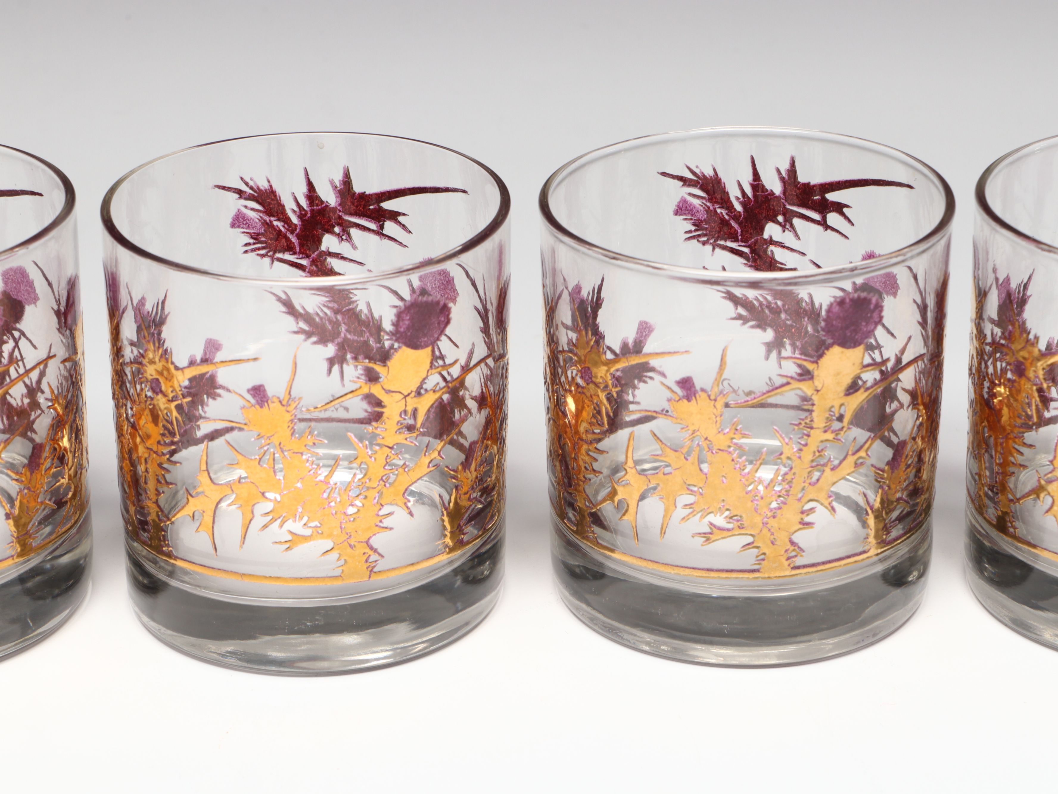 Gregory Duncan 22K Gold Decorated "Purple Thistle" Cocktail Shaker and Glasses