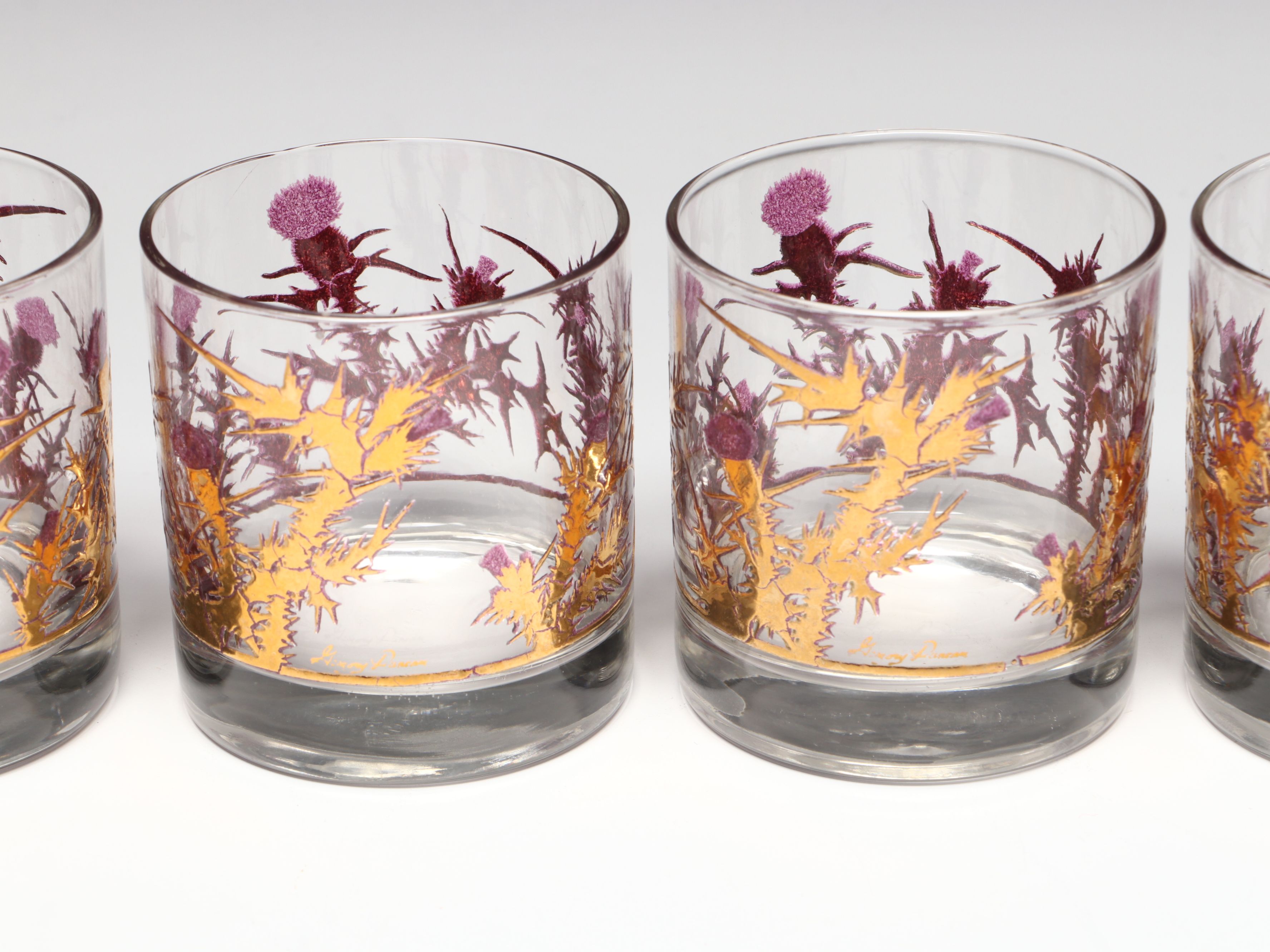Gregory Duncan 22K Gold Decorated "Purple Thistle" Cocktail Shaker and Glasses