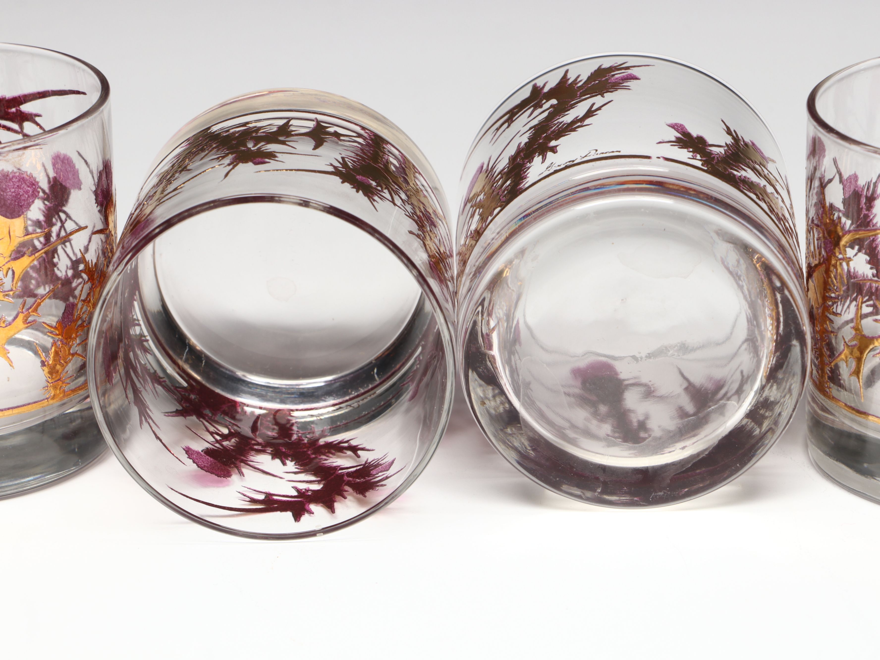Gregory Duncan 22K Gold Decorated "Purple Thistle" Cocktail Shaker and Glasses