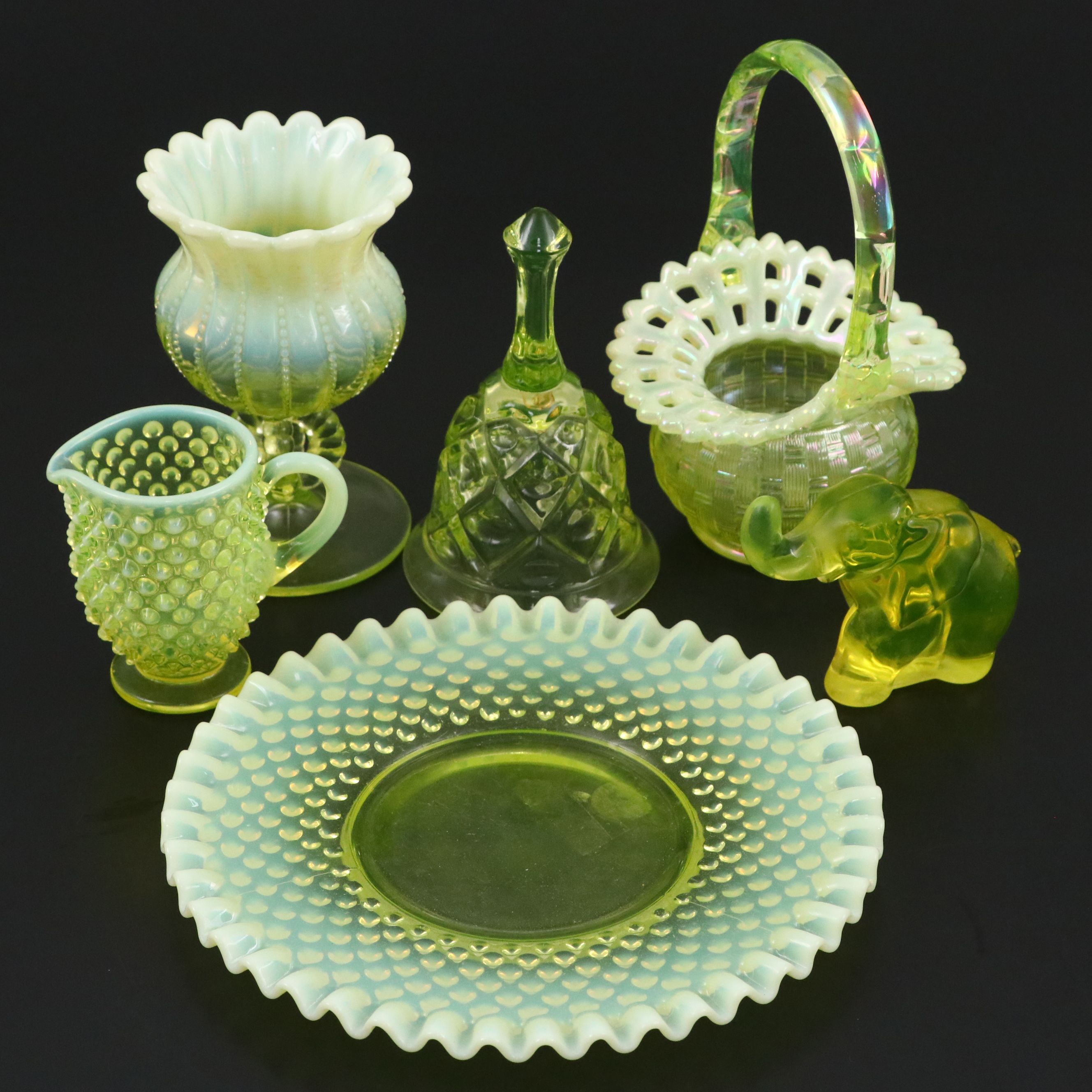 Vintage Uranium Glass Plate and Vase with Other Uranium Glass Tableware