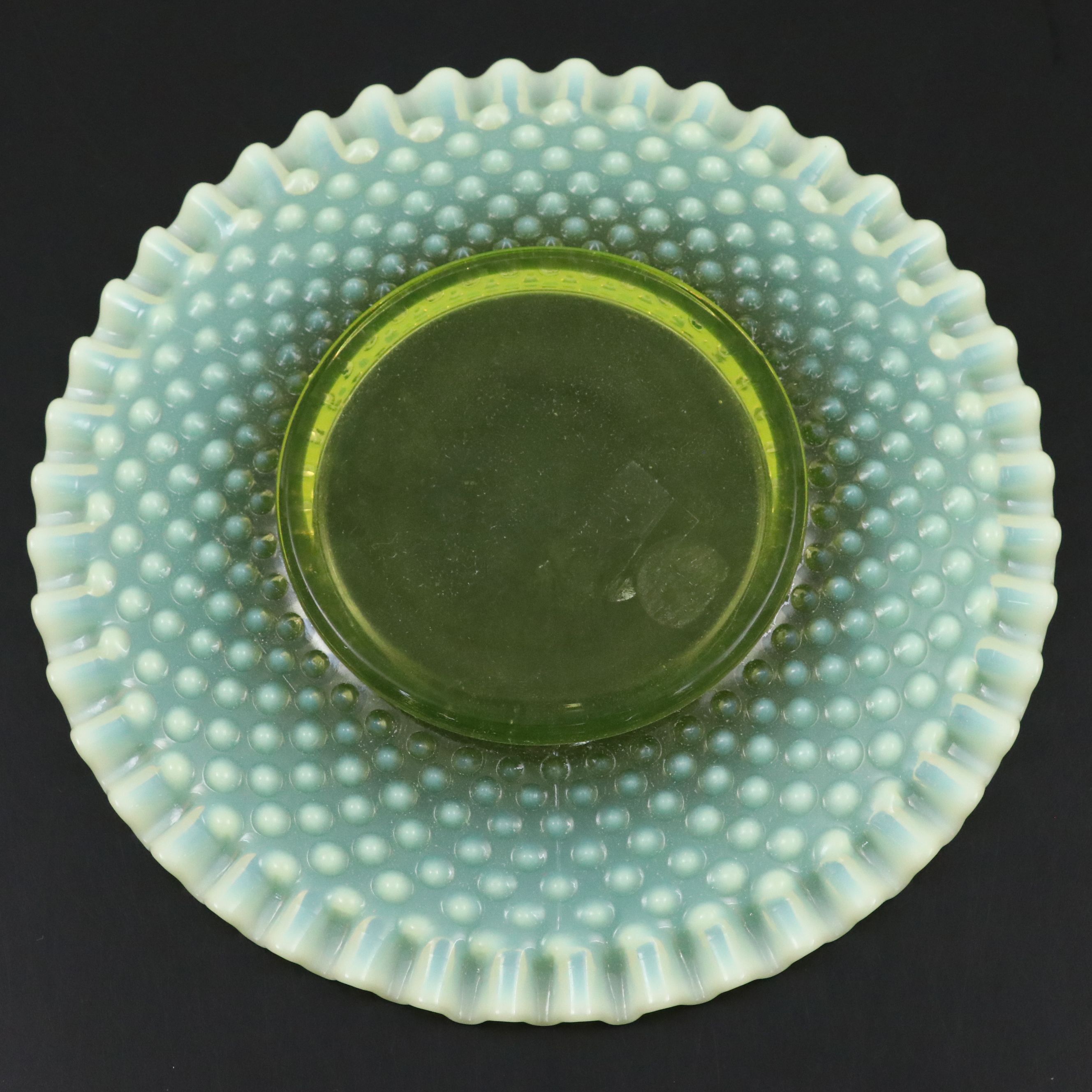 Vintage Uranium Glass Plate and Vase with Other Uranium Glass Tableware