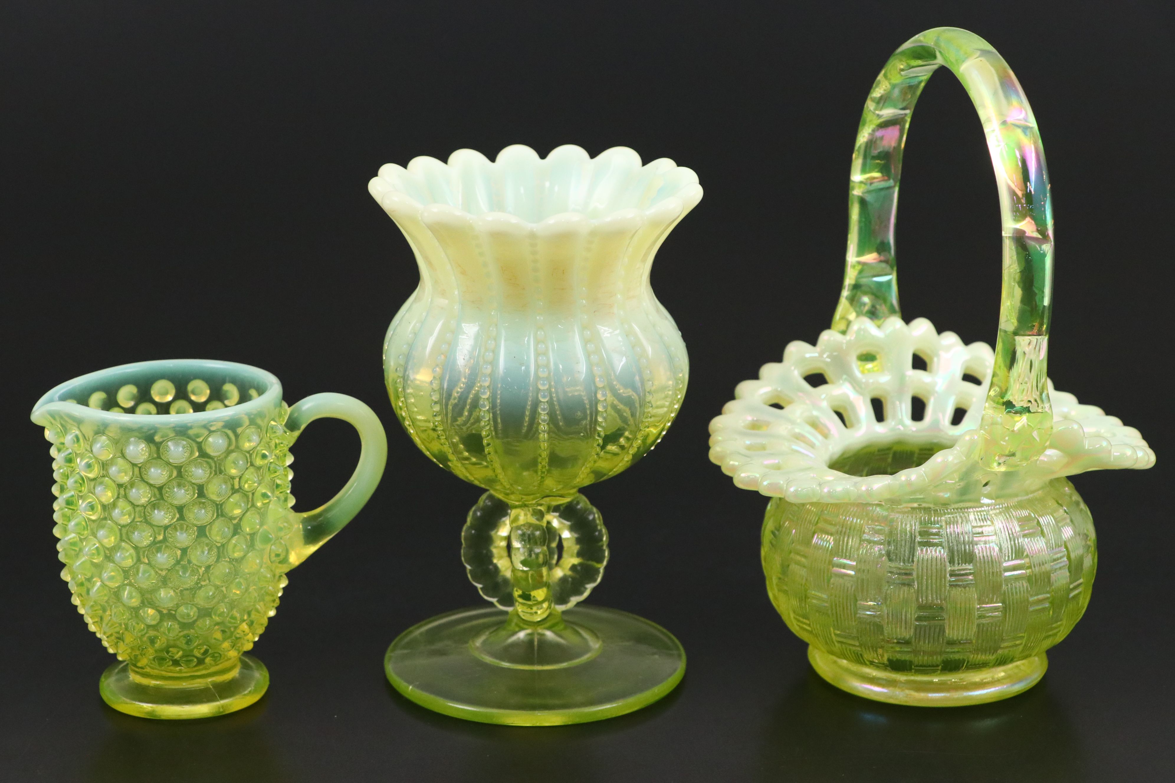 Vintage Uranium Glass Plate and Vase with Other Uranium Glass Tableware