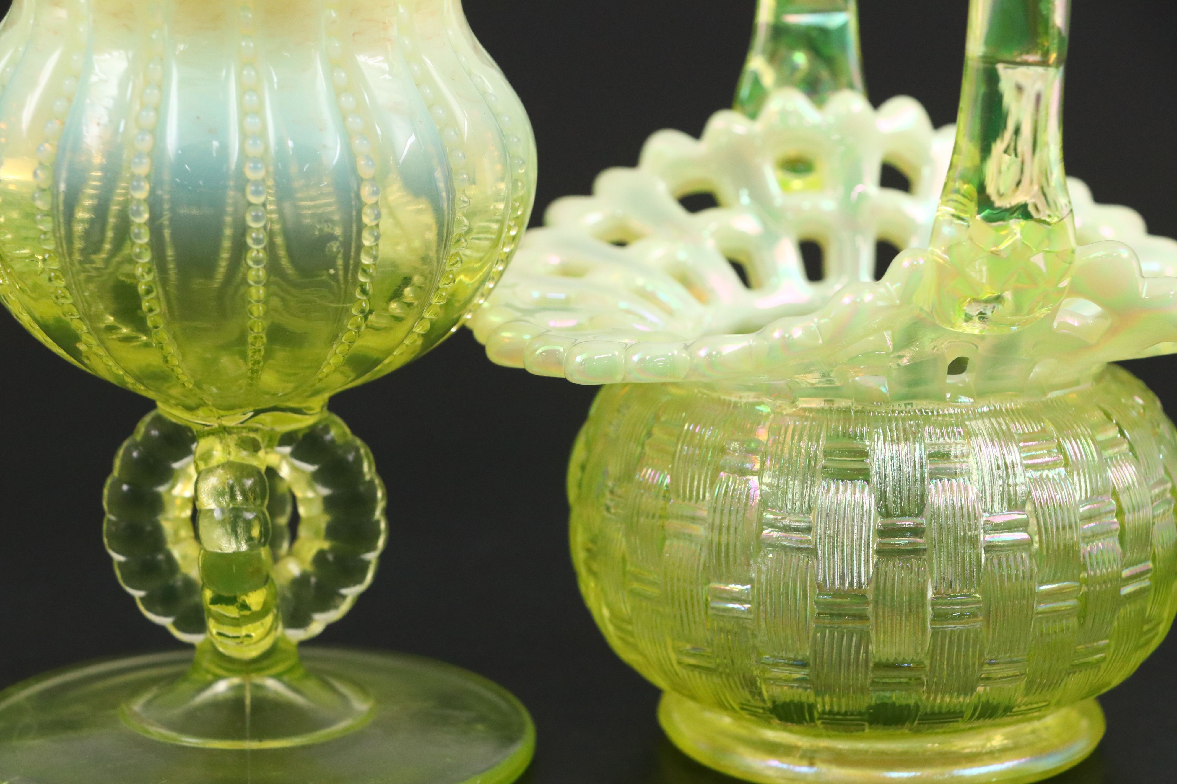 Vintage Uranium Glass Plate and Vase with Other Uranium Glass Tableware