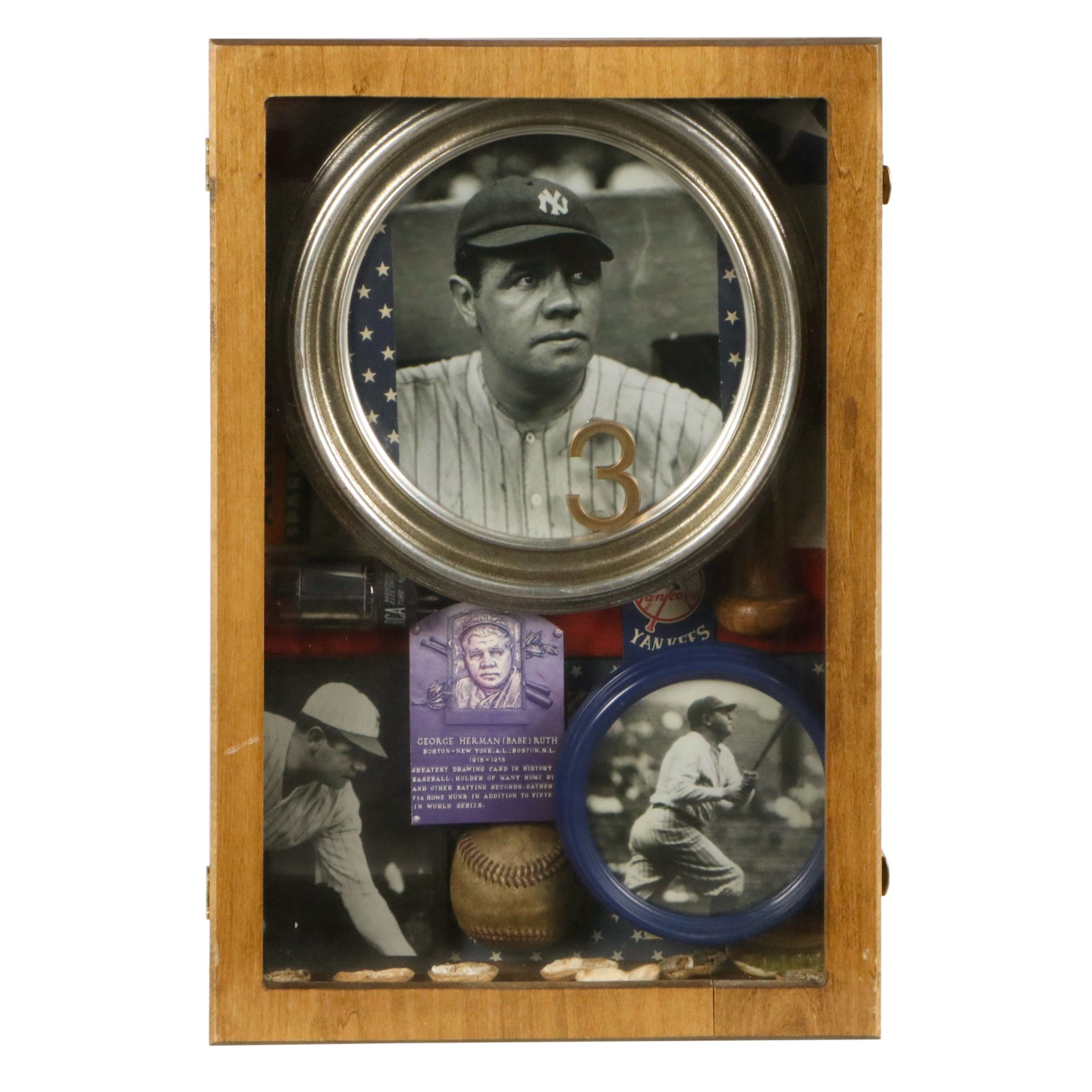Babe Ruth Memorabilia Assemblage in Shadowbox Including Photographs, 20th C.