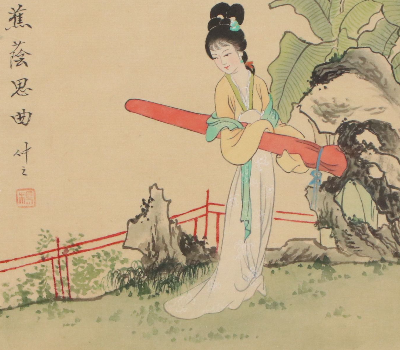 Chinese Hand-Painted Silk Panels Depicting Women in Landscapes